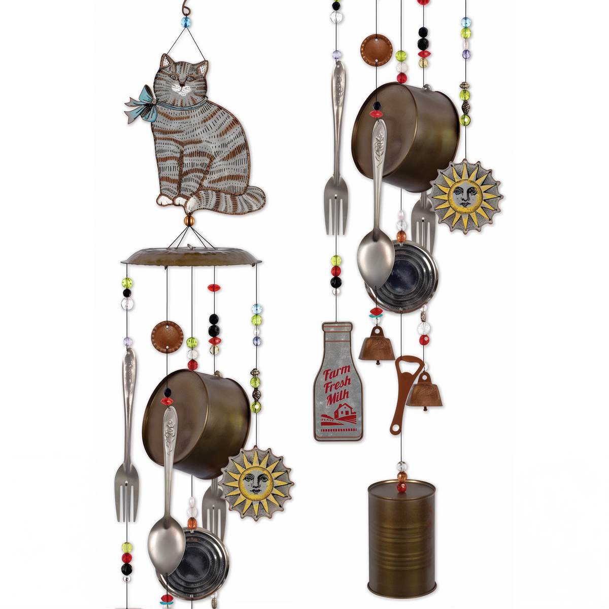 Sunset Vista Designs Farm Cat Metal Wind Chime -- detail view of the cutlery, enamel dish and tin can chimes