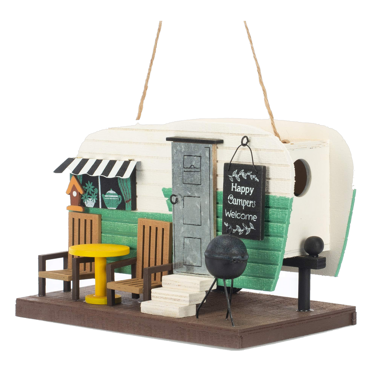 Sunset Vista Designs Happy Campers Welcome Camper Birdhouse -- angled view showing the entry hole