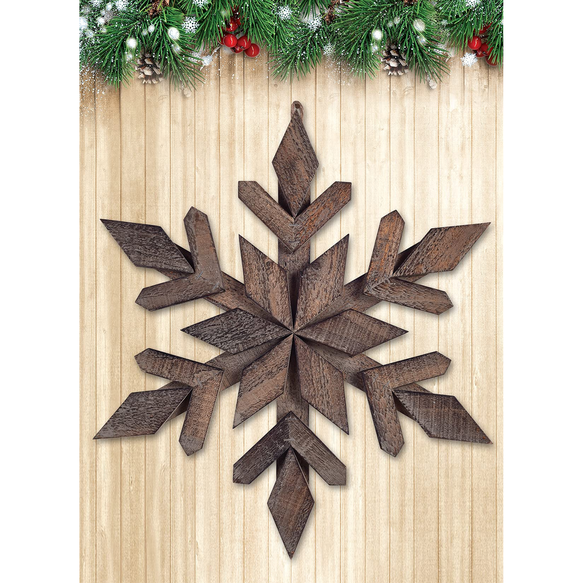 Sunset Vista Designs Into the Woods Brown Snowflake -- 18 inch snowflake shown on a wood wall with garland