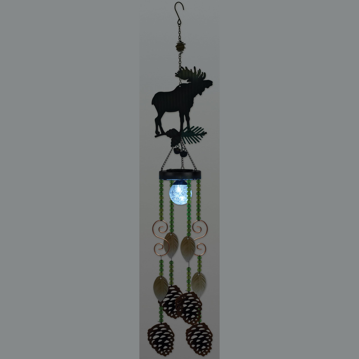 Sunset Vista Designs Solar Moose Wind Chime -- shown glowing at night