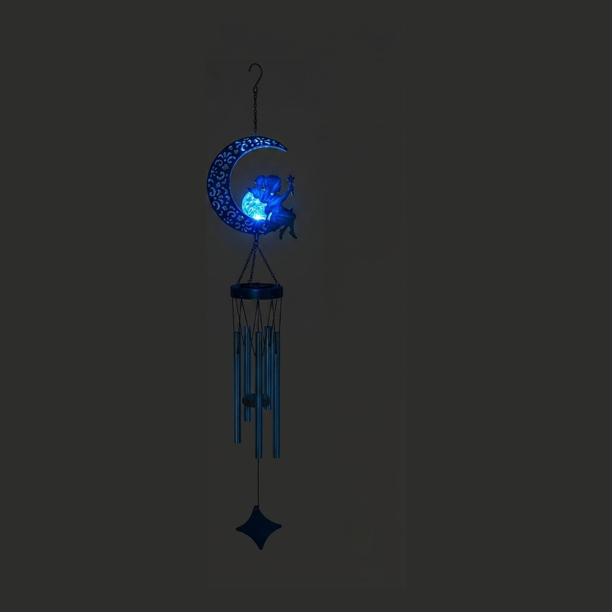 Sunset Vista Designs Starlight Fairy Solar Wind Chime -- shown glowing blue at night
