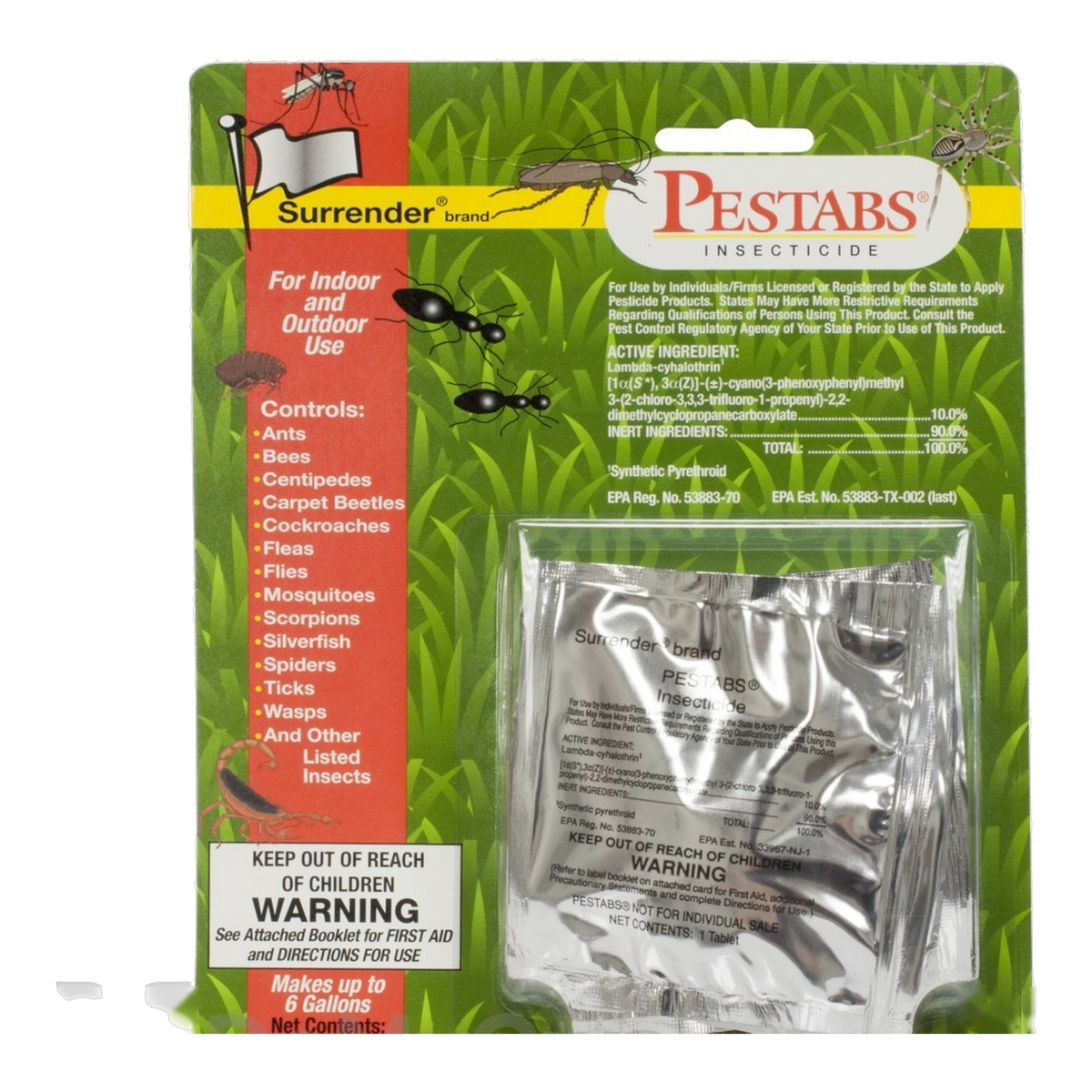 Surrender PesTabs Insecticide carded 2-pack on transparent background, green Surrender brand blister card with foil tablet pouch, for indoor and outdoor use, controls ants bees cockroaches fleas mosquitoes scorpions spiders ticks wasps, active ingredient lambda-cyhalothrin 10 percent, EPA Reg No 53883-70