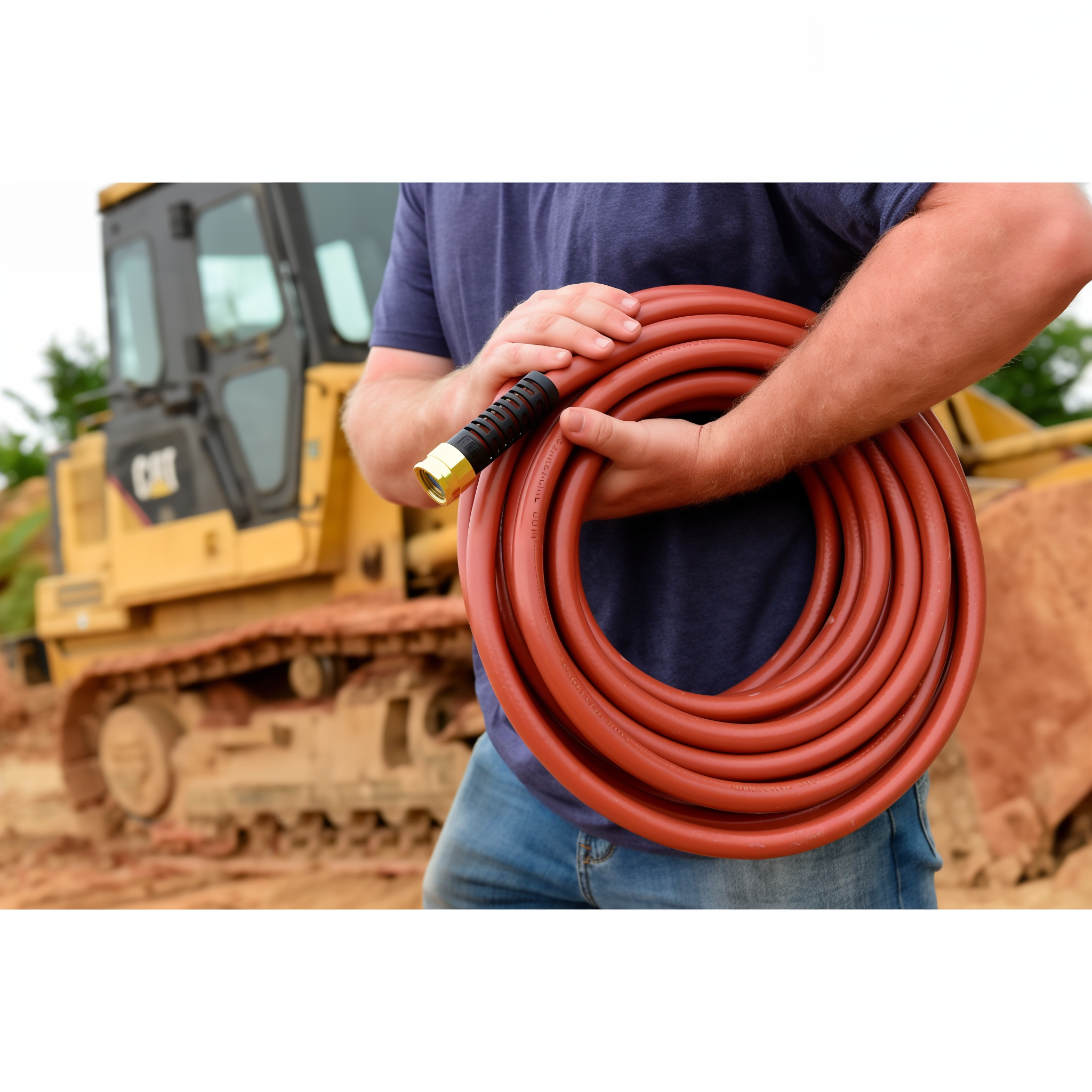 Coiled Swan ContractorPLUS heavy duty red garden hose held in hand, showing its flexibility and durable construction