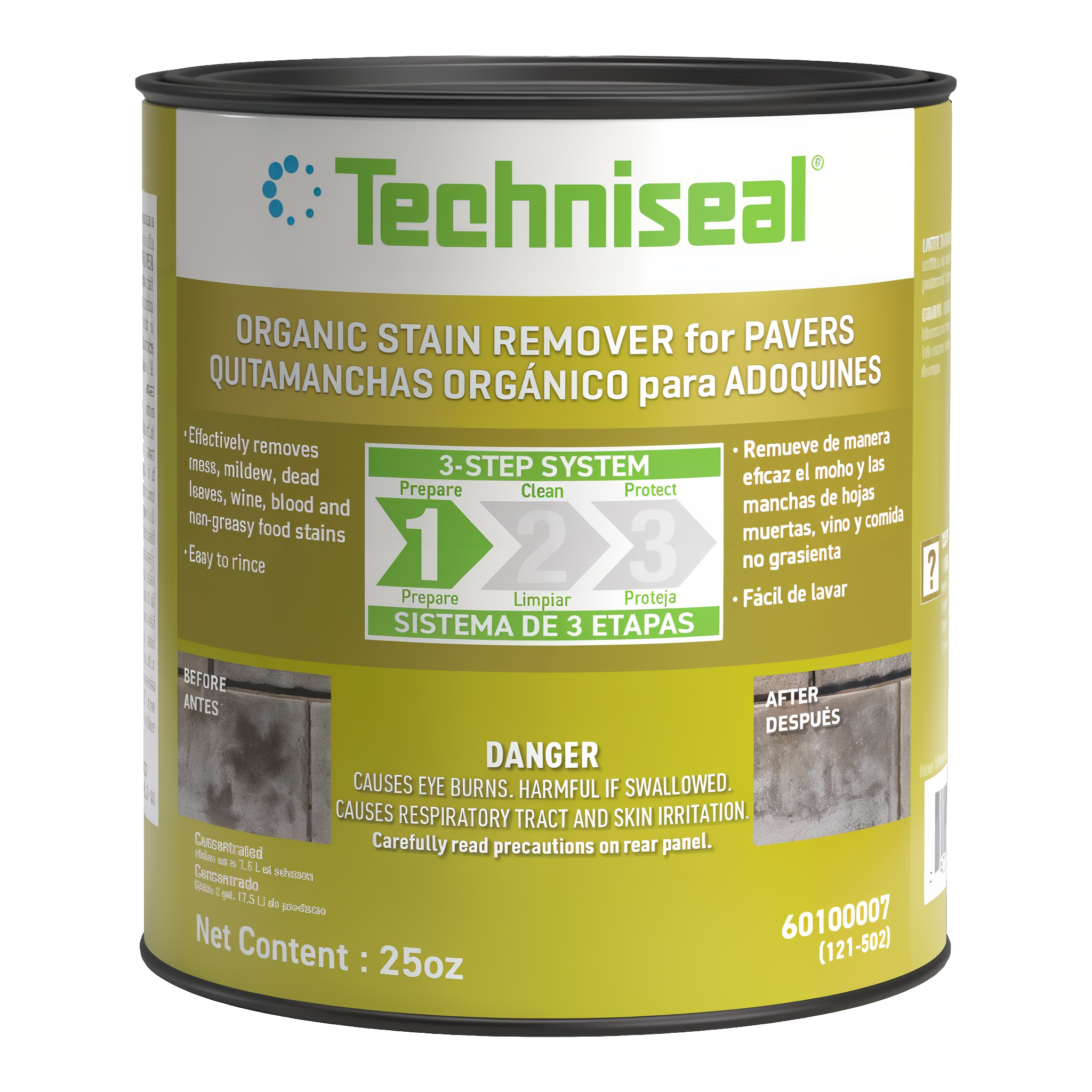 Techniseal Organic Stain Remover — biodegradable concentrated cleaner for moss, mildew, leaf stains, wine, blood, and food on concrete pavers, natural stone, and brick, 25-oz bottle