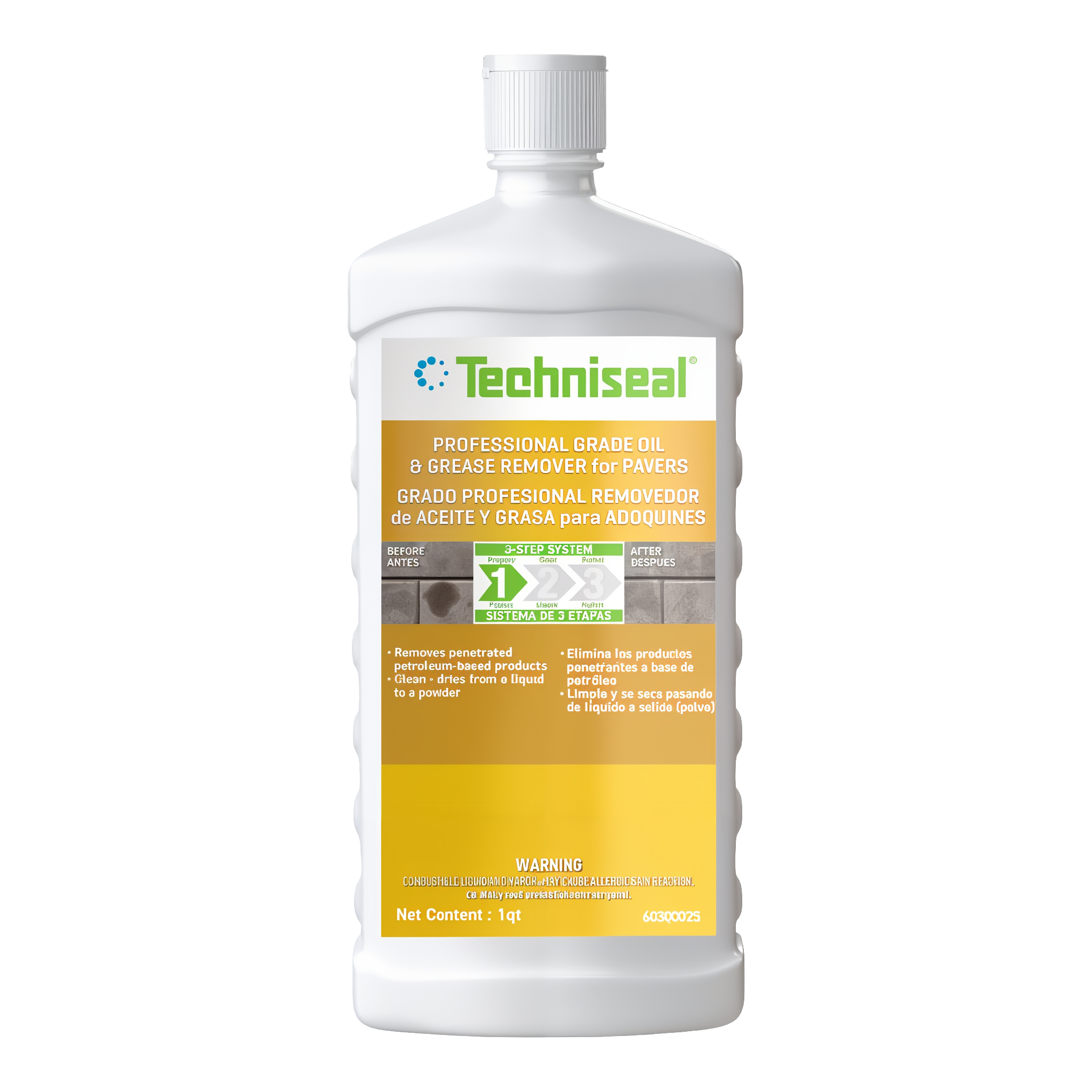 Techniseal Pro-Grade Oil & Grease Stain Remover — industrial-strength dries-to-powder oil and grease lifter for concrete pavers, slabs, and natural stone, 1-quart bottle
