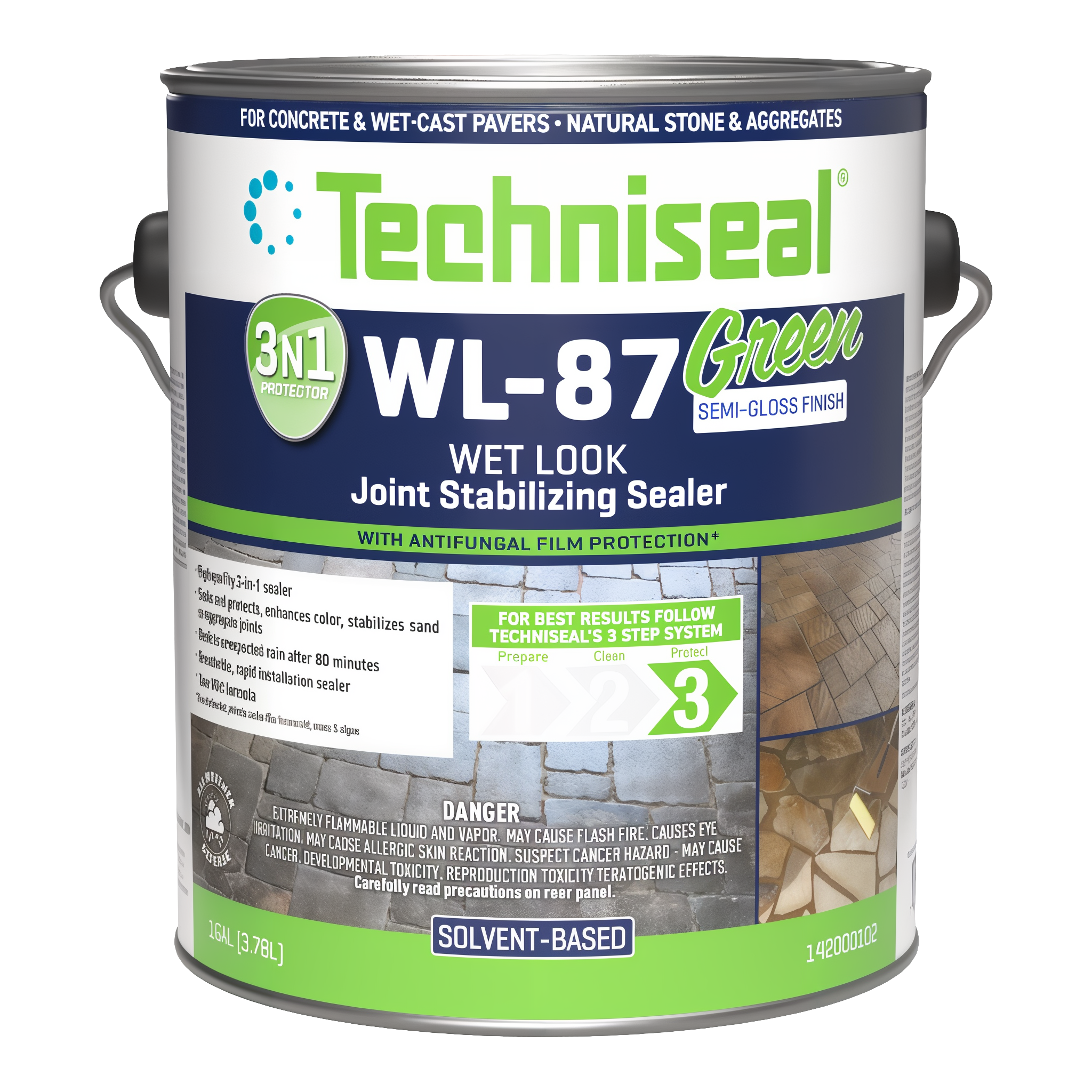 Techniseal WL-87 Green 3-in-1 Joint Stabilizing Sealer Wet Look — solvent-based low-VOC semi-gloss sealer, color enhancer, and joint stabilizer for natural stone and concrete pavers, 1-gallon jug
