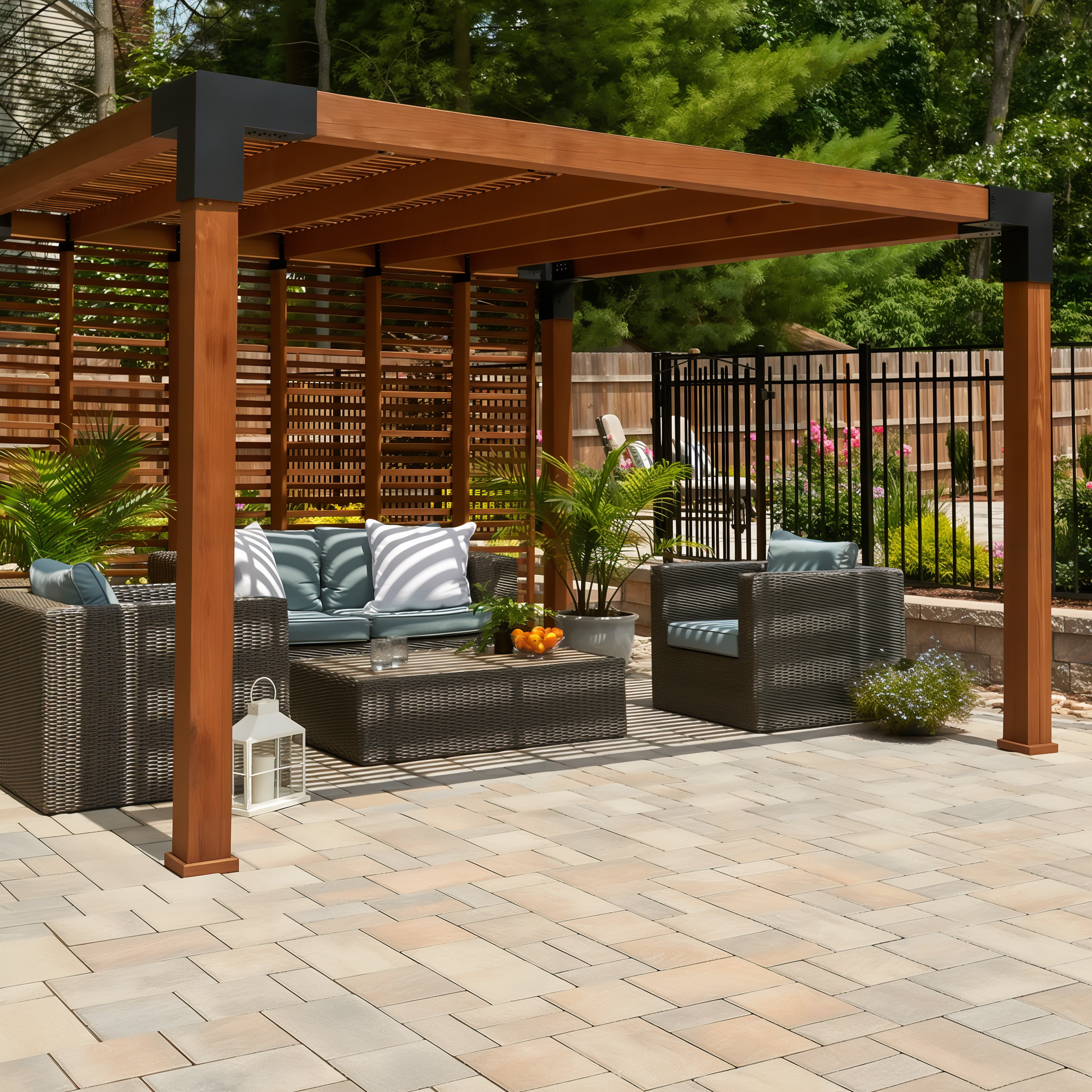 Eva Slate Champlain Grey pavers on a patio beneath a wood pergola, modular size