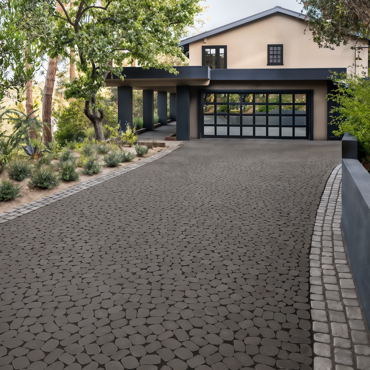 Antika Paver Onyx Black Aged driveway with expansive random.