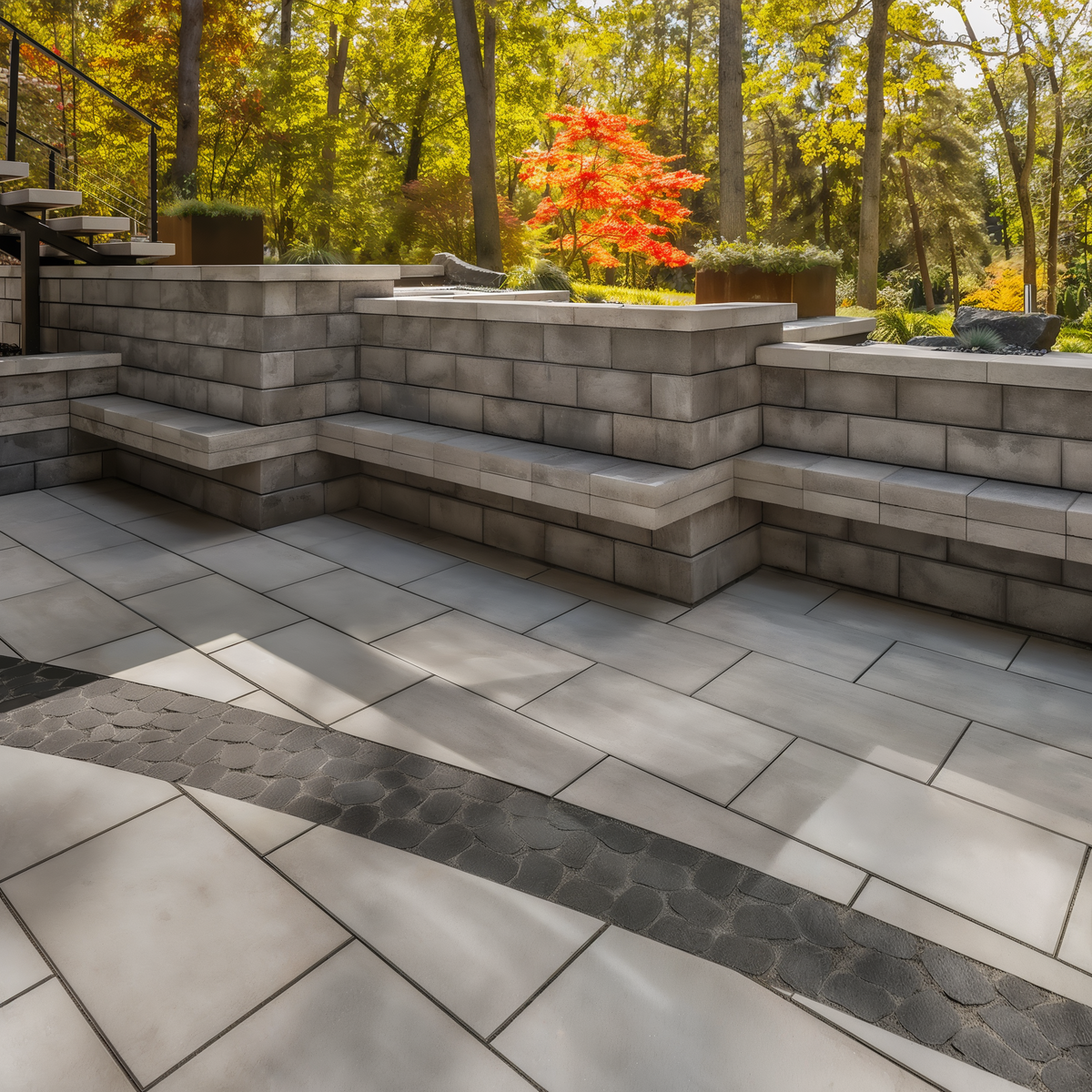 Antika Paver Onyx Black Aged patio border in random modular.