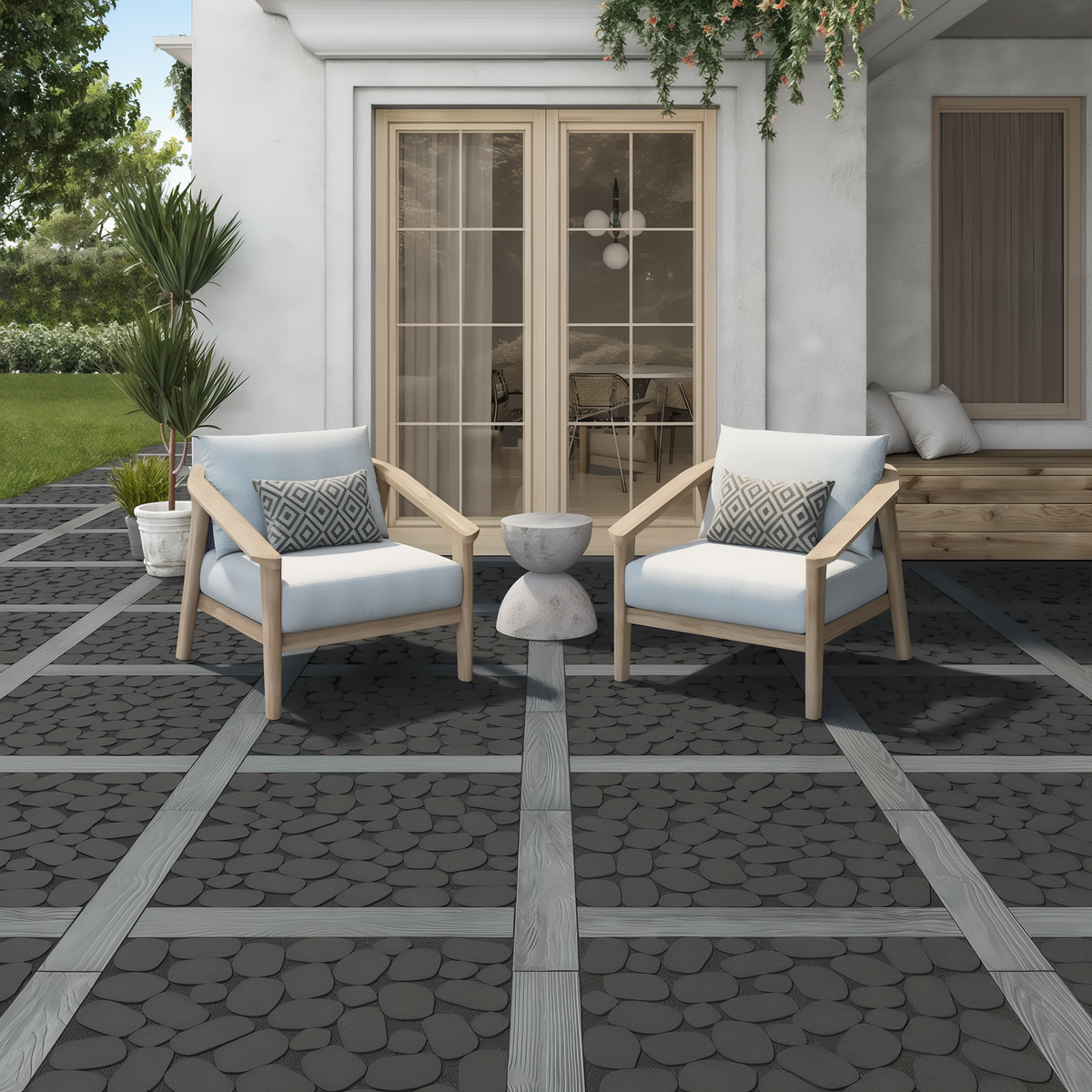 Antika Paver Onyx Black Aged patio in random modular pattern.