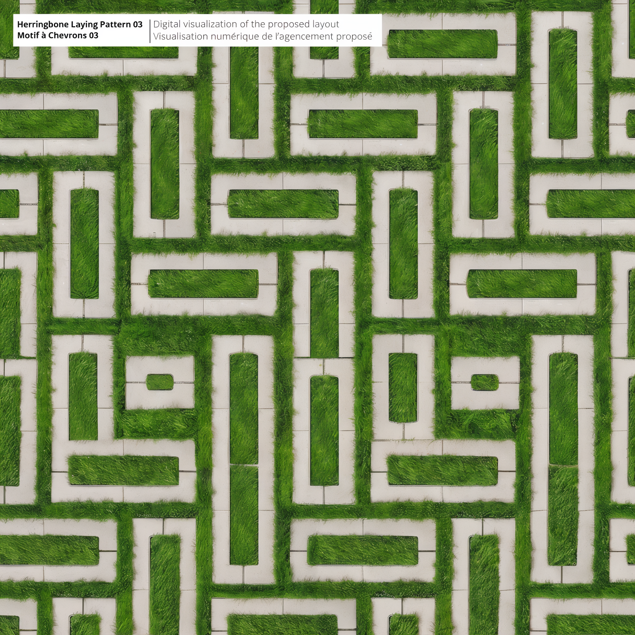 Grey Aquastorm permeable pavers in Herringbone Pattern 03 with grass insets.