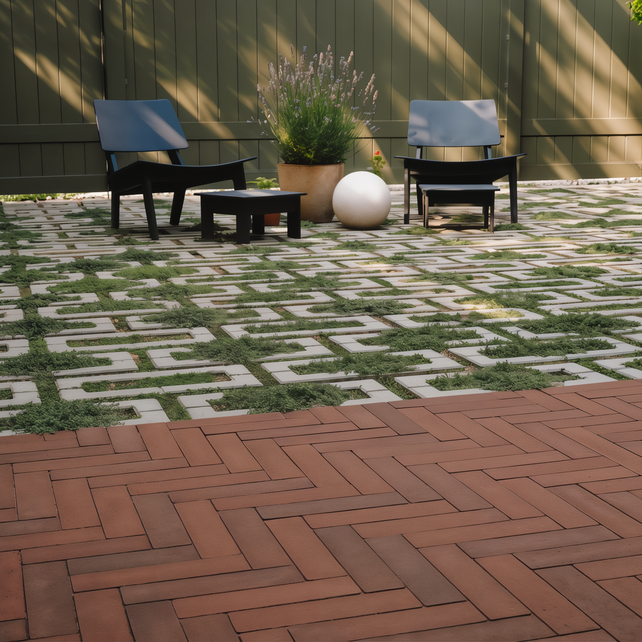 Courtyard with Grey Aquastorm permeable pavers and Merlot Westmount pavers.