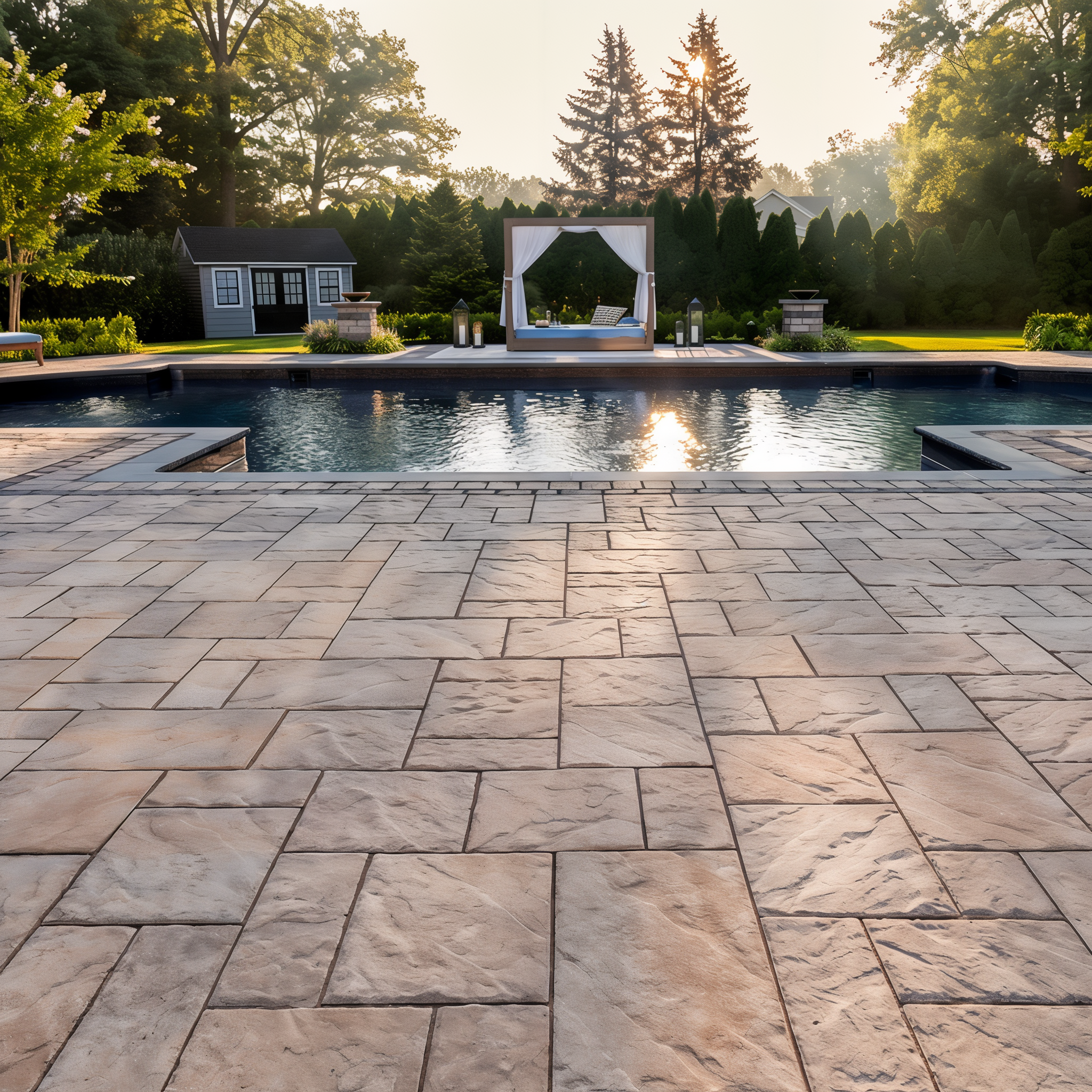 Champlain Grey Blu 60 Slate Slabs for outdoor pool area.