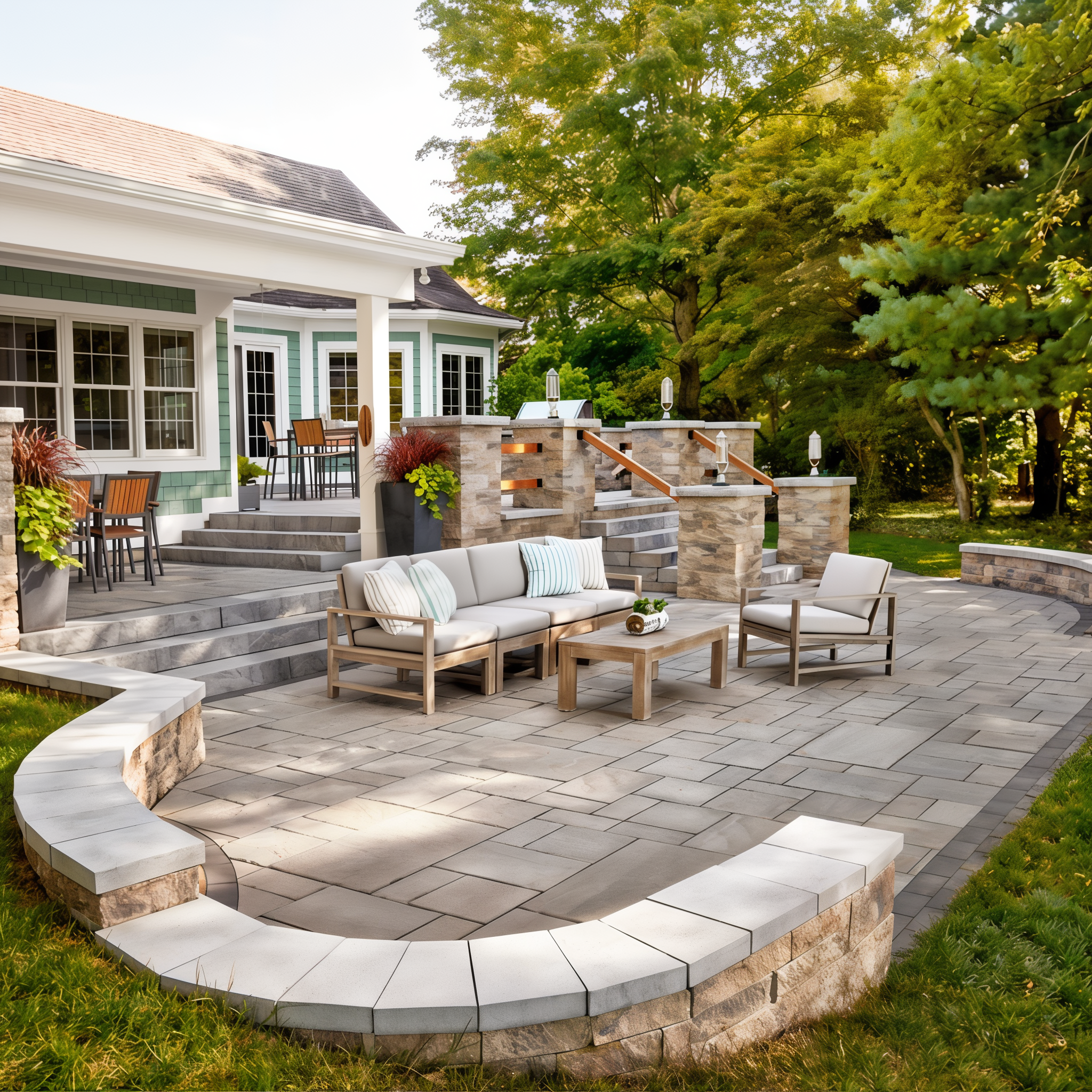 Chestnut Brown Blu 60 slate slabs creating patio seating area.