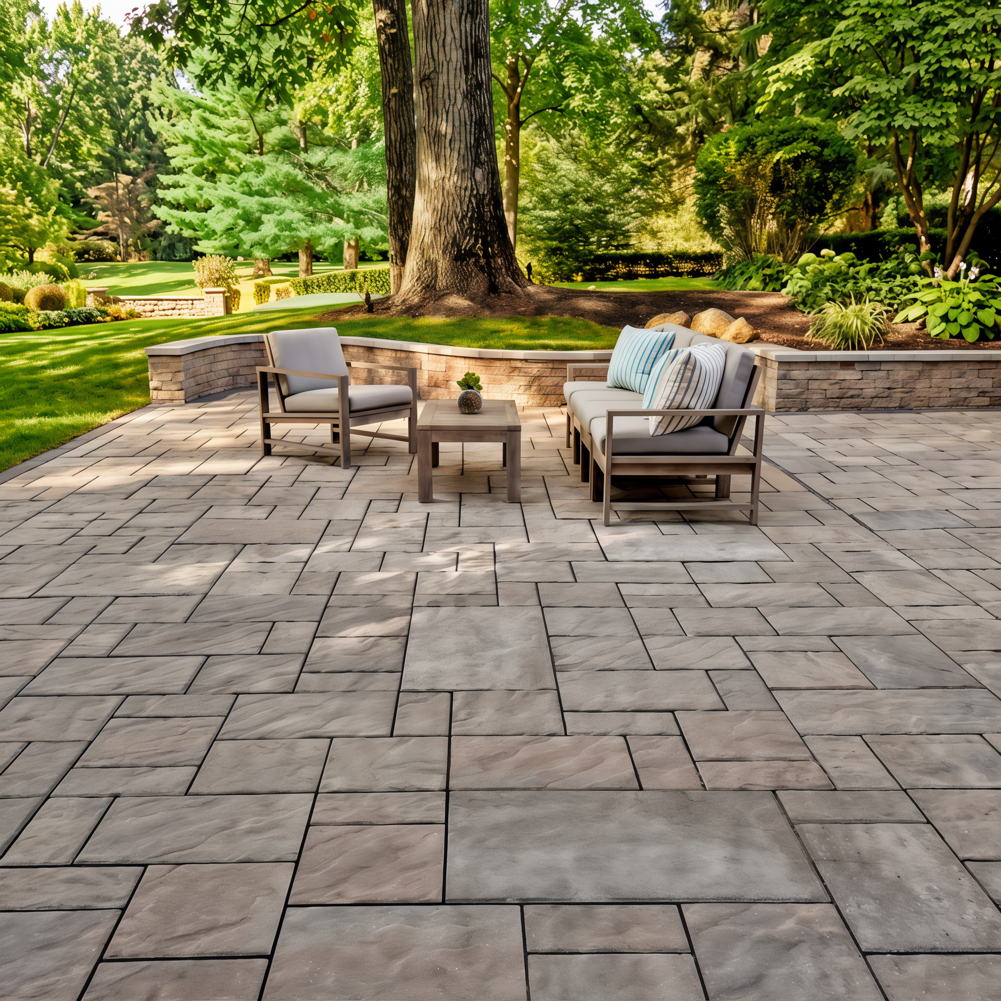 Chestnut Brown Blu 60 slate slabs forming spacious patio.