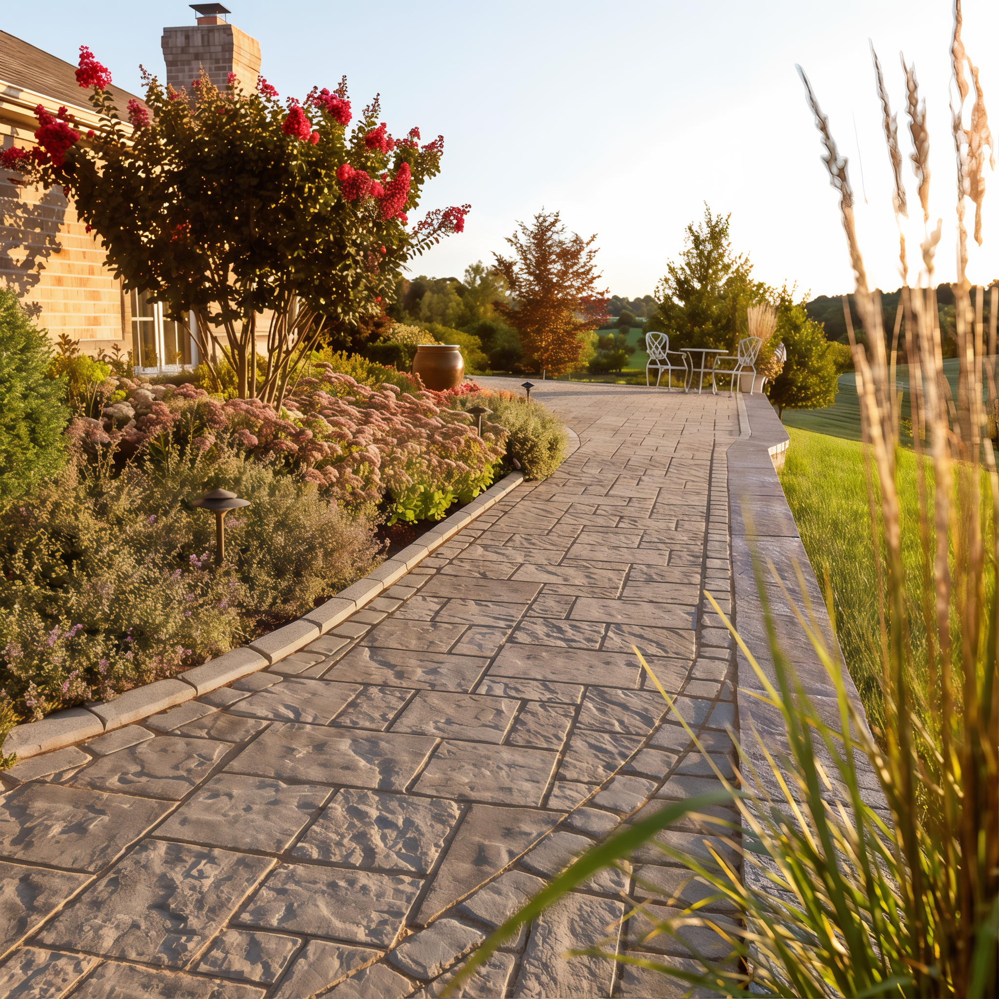 Blu 60 Shale Grey Slate slabs for landscaped walkway.