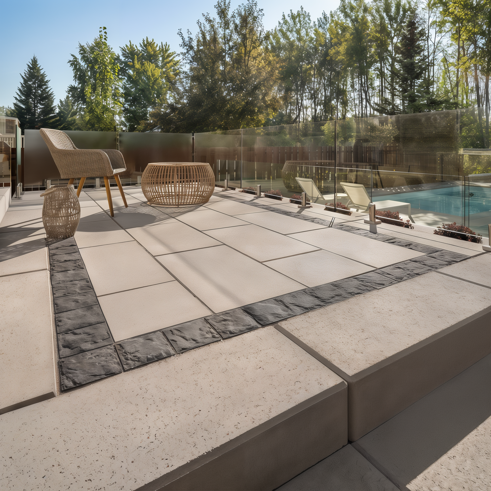 Blu 60 Grande Slabs in Beige Cream for clean grid patio near the pool.