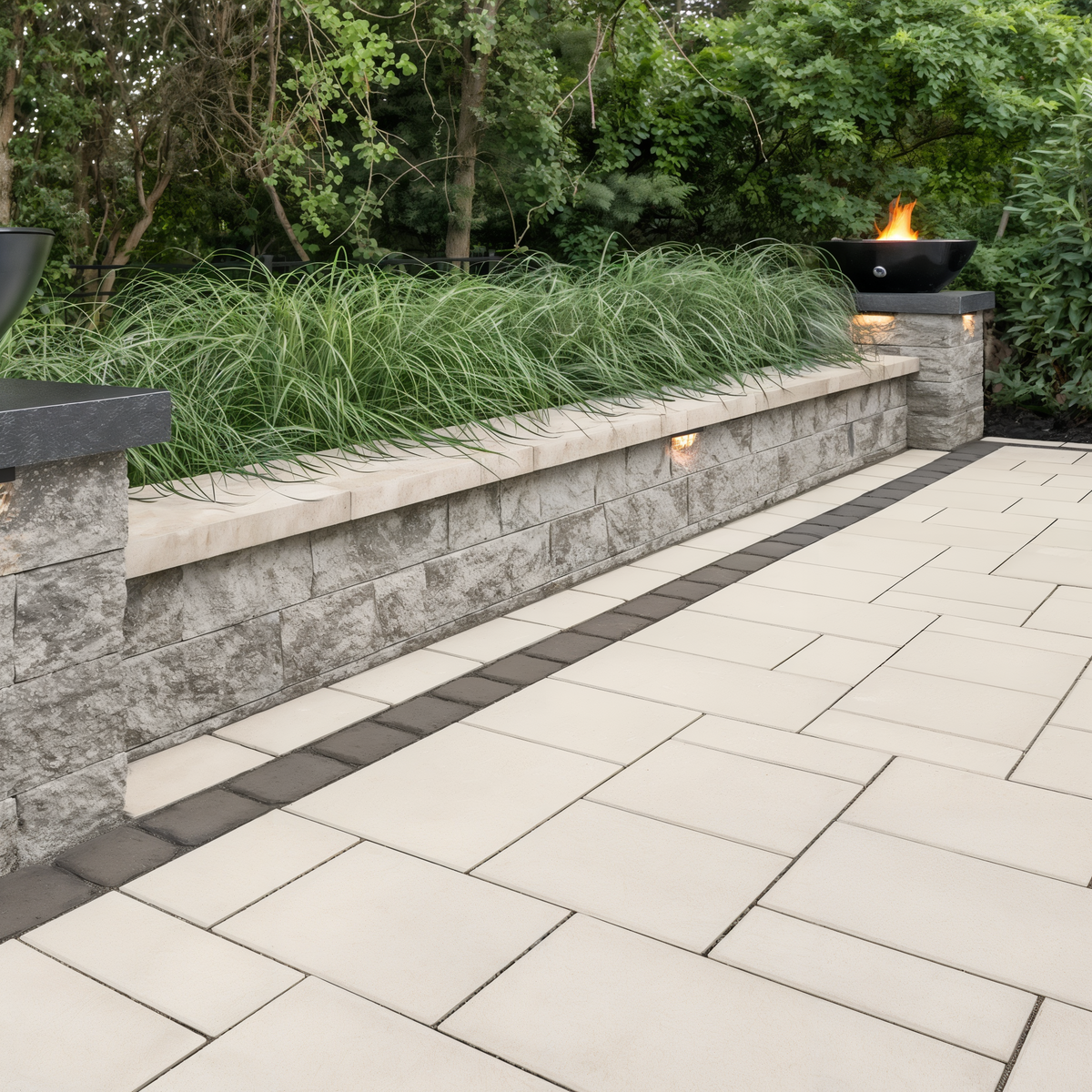 Blu 60 Smooth slab in Beige Cream patio runs along a stone g.