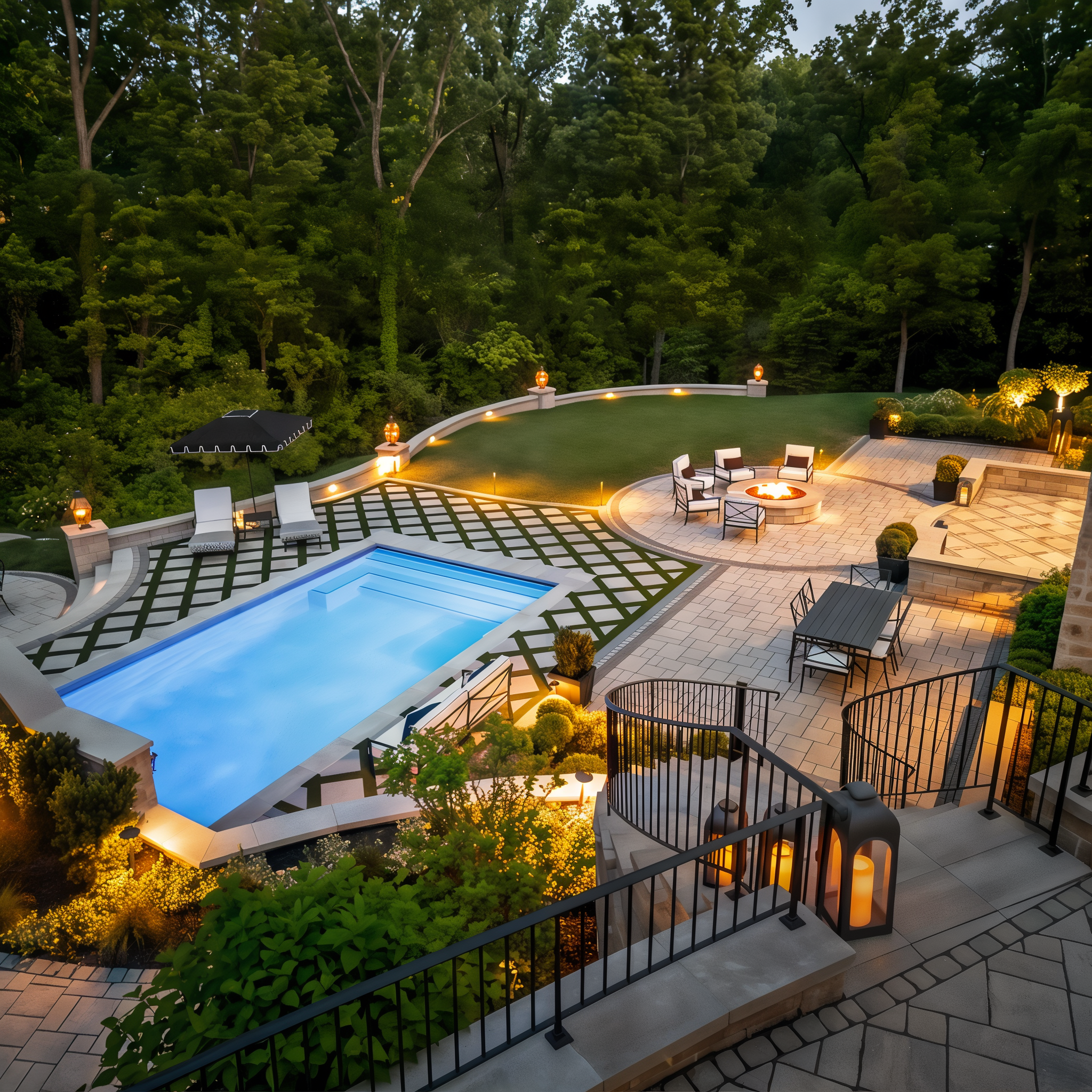 Luxury backyard design showcasing Blu 60 slabs in Beige Cream with Raffinato walls and caps in Beige Cream, paired with Villagio pavers in Onyx Black around the pool