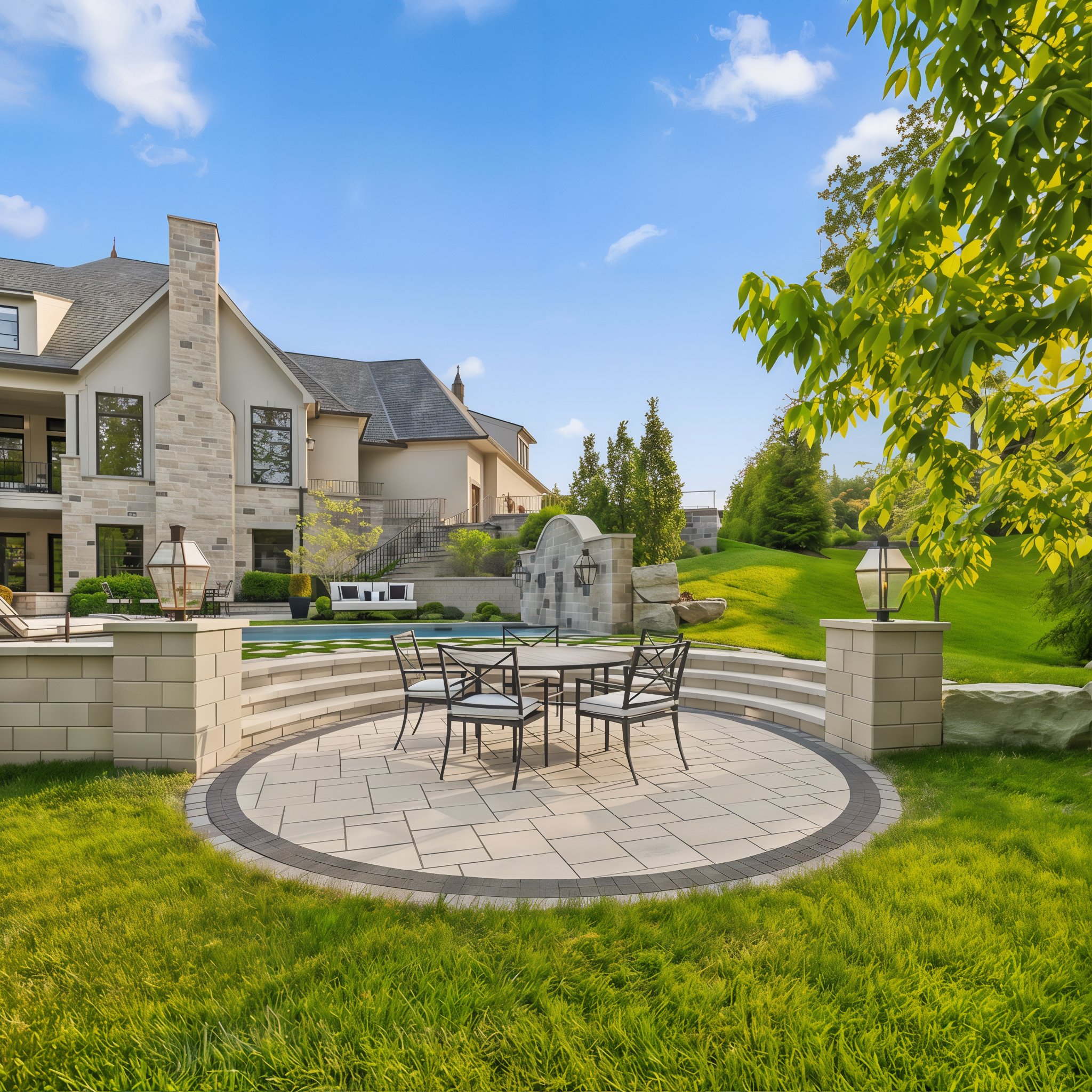 Elegant outdoor seating area featuring Blu 60 slabs in Beige Cream with Raffinato walls and caps in Beige Cream, accented by Squadra pavers in Onyx Black