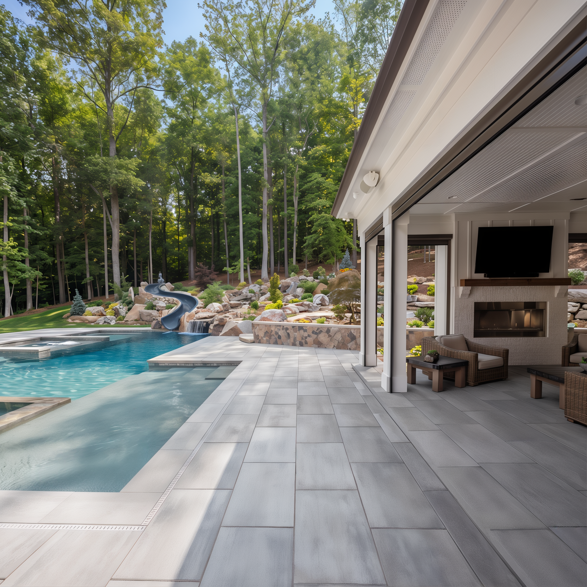 Blu 60 slabs in Greyed Nickel create an outdoor pool area