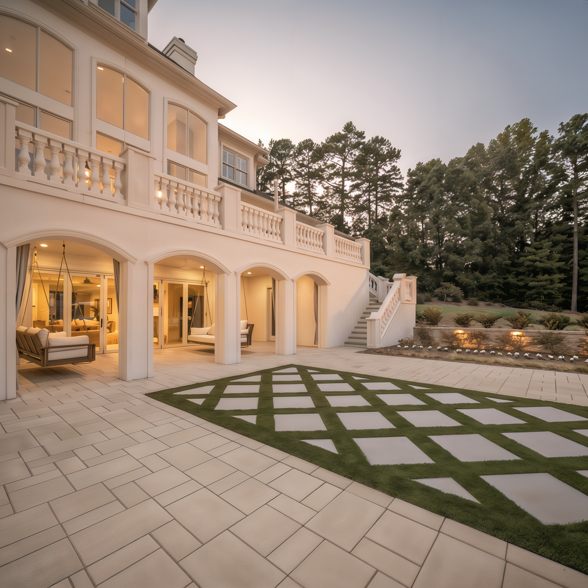 Blu 60 mm smooth Beige Cream slabs arranged in a modular pattern with grass.