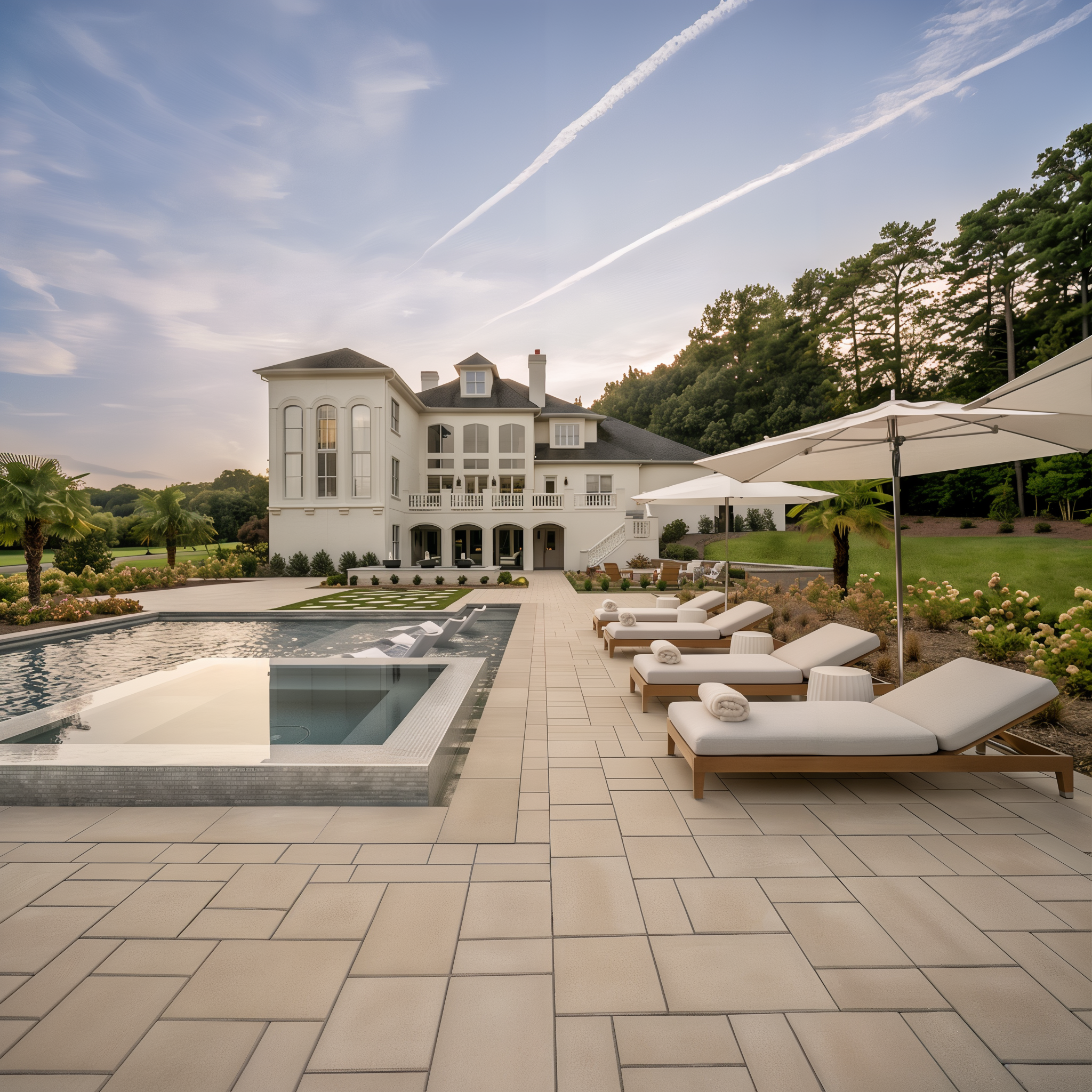 Blu 60 mm smooth Beige Cream slabs around a luxury pool patio.