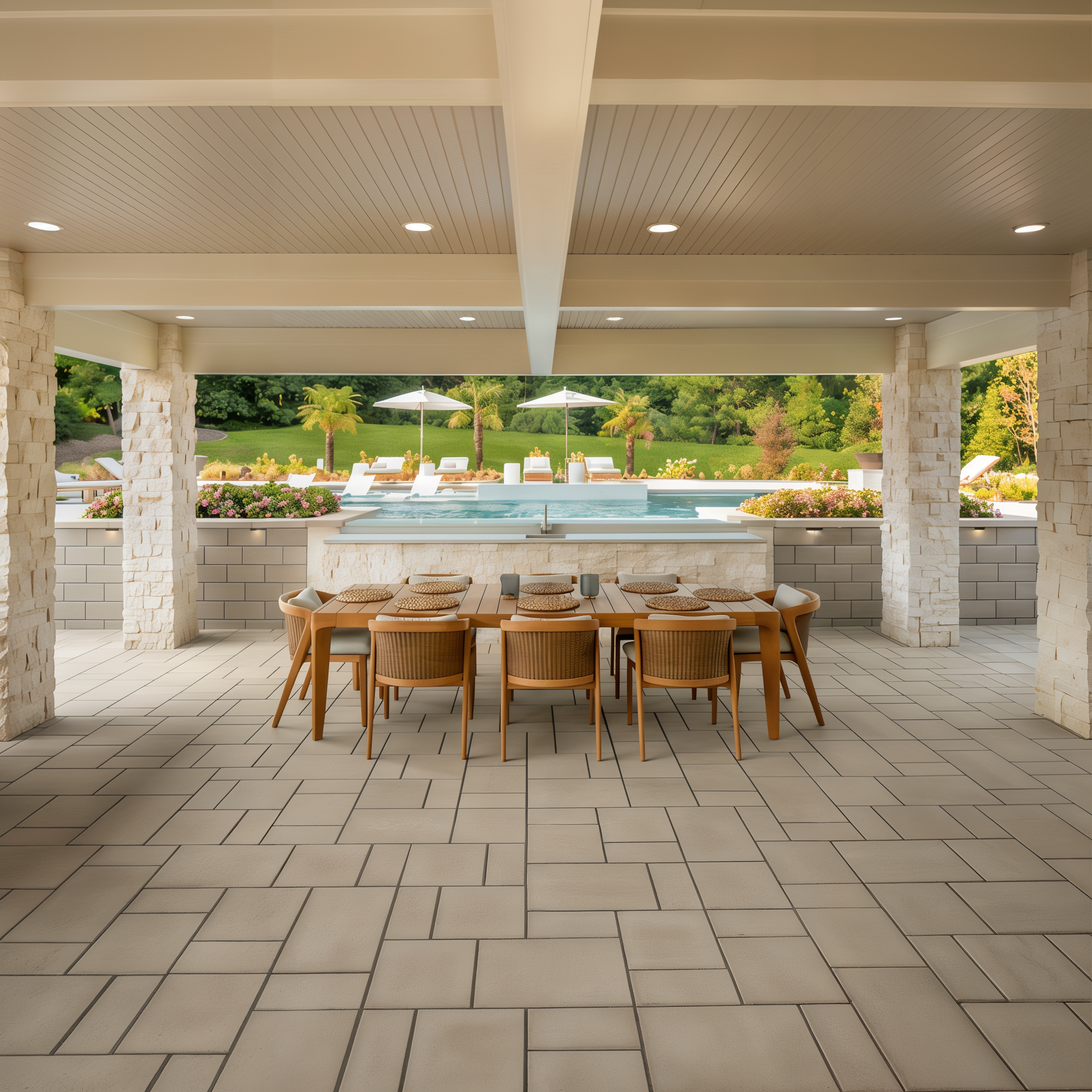Blu 60 Smooth Slabs in Beige Cream create a modular patio under a dining area.