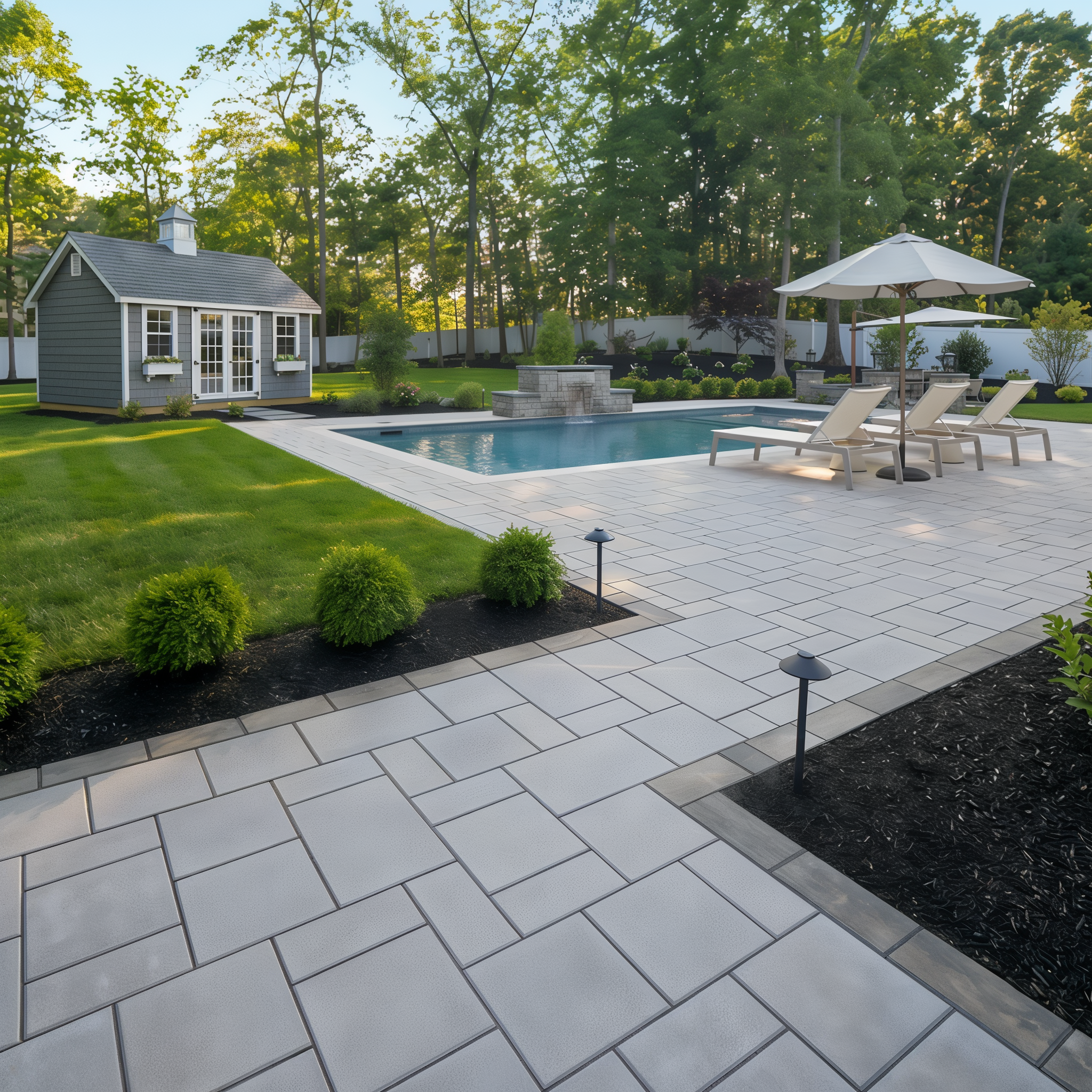 Blu 60 mm smooth Nickel Grisé slabs around a pool for a patio design.