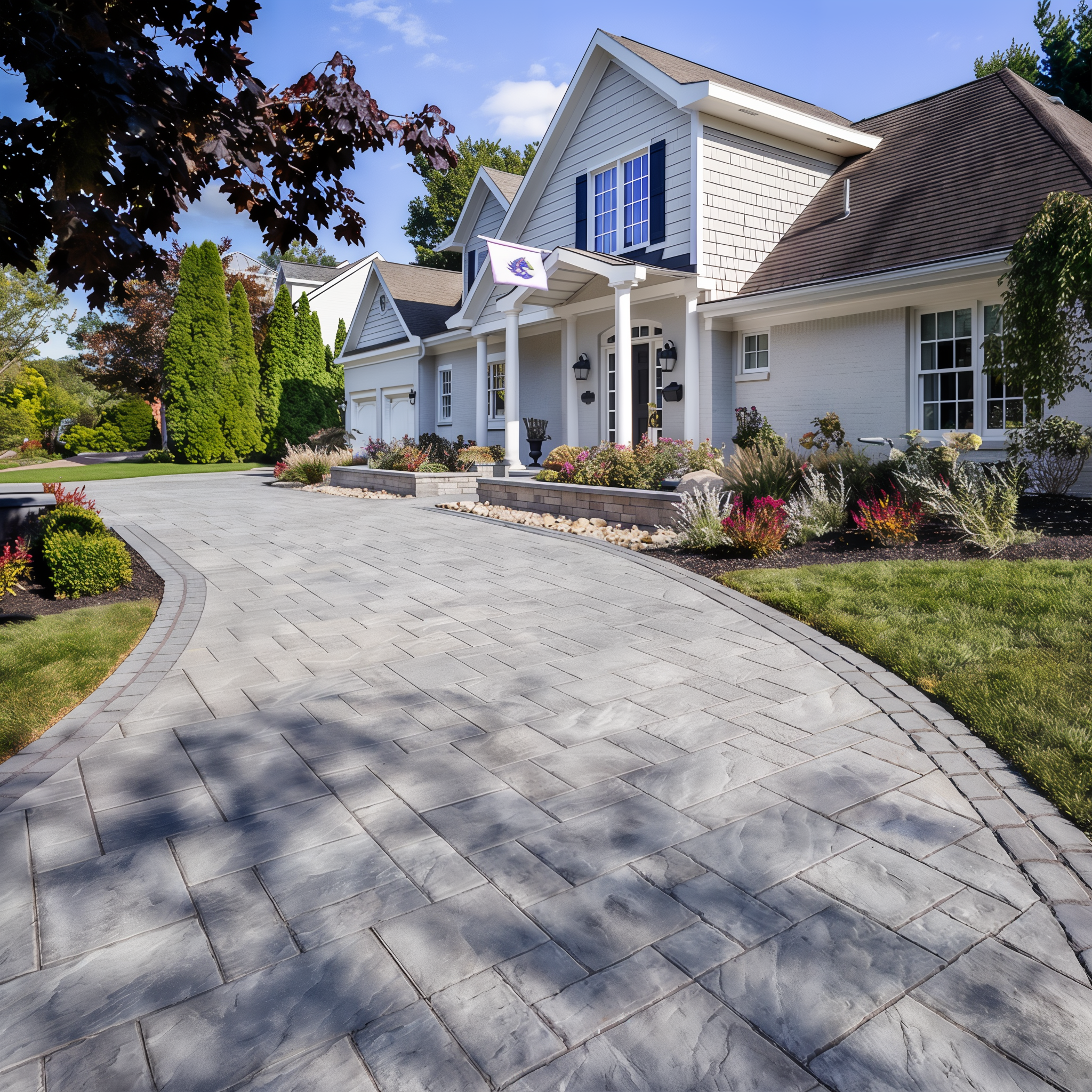 Blu 80 Slate paver in Shale Grey creating a walkway, 6 x 13 inch