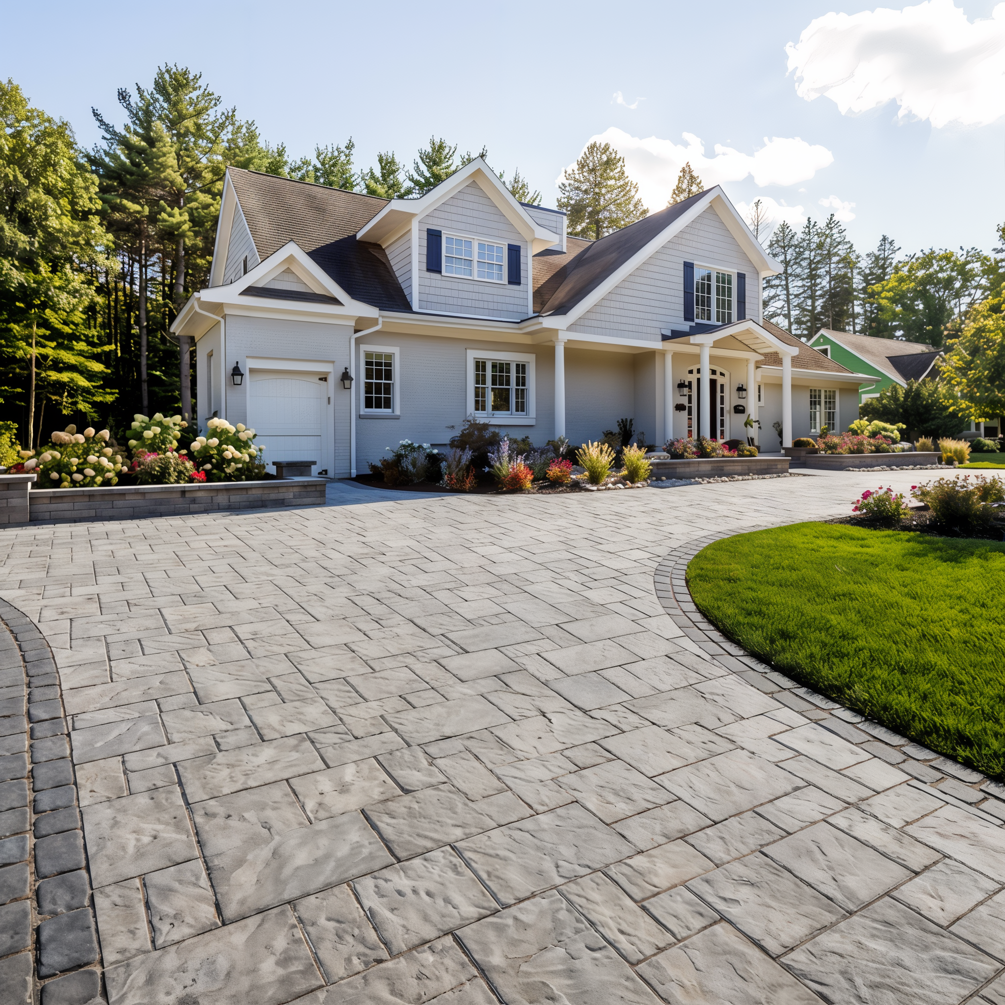 Blu 80 Slate Paver in Shale Grey driveway with curved border, 80 mm