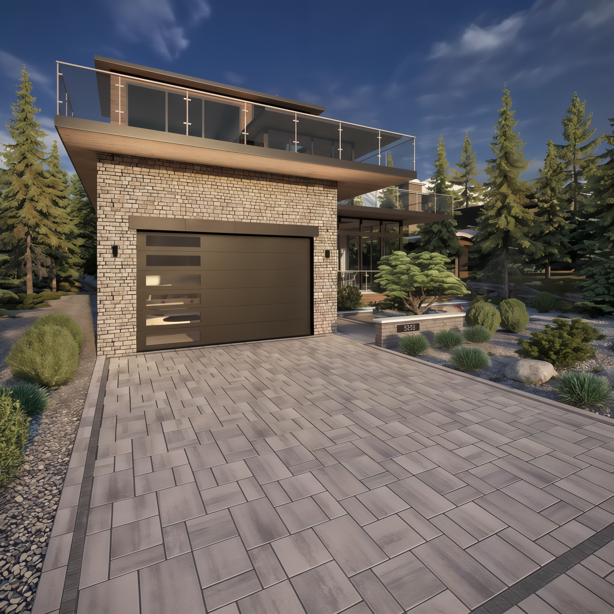 Blu 80 Smooth Shale Grey Pavers, stylish driveway in front of stone home