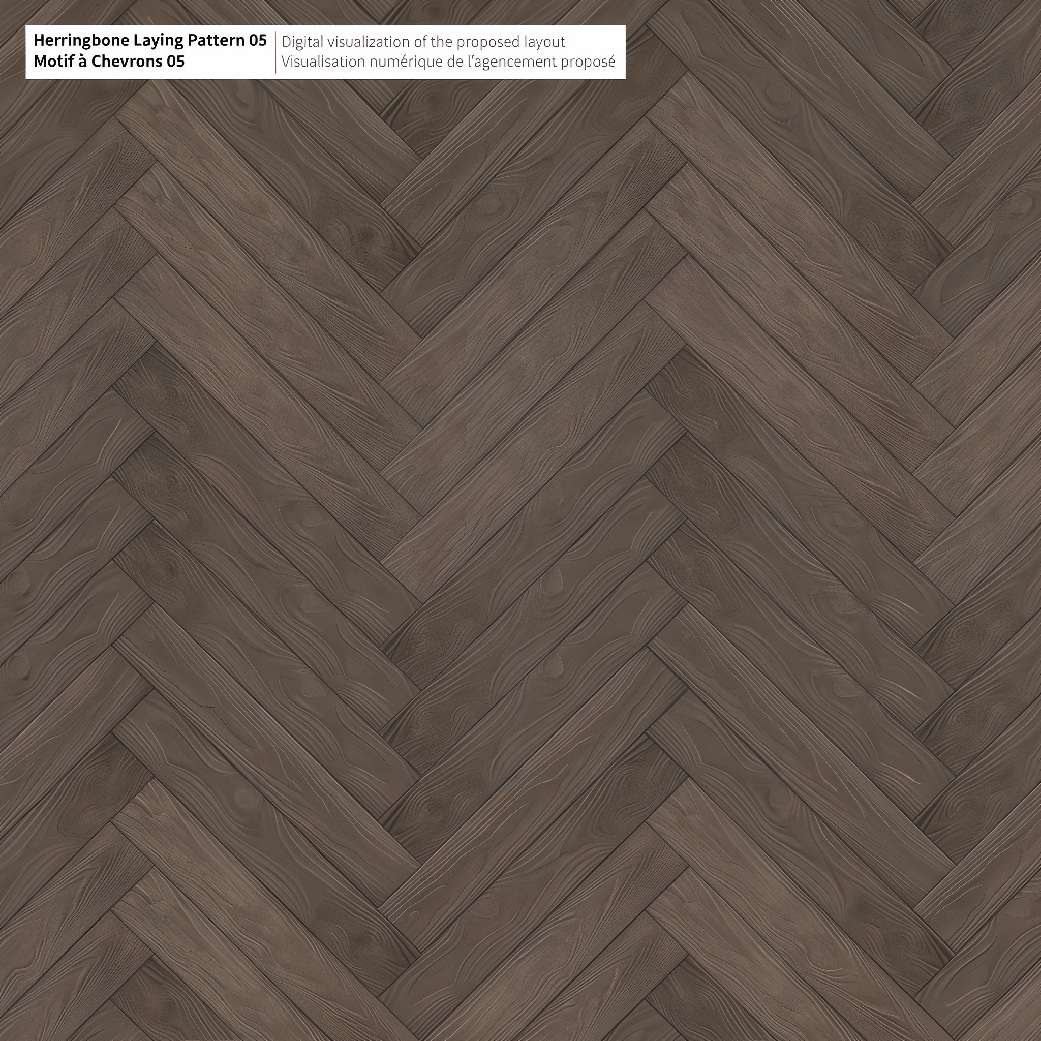 Borealis Slab in Smoked Pine with wood texture, arranged in herringbone pattern, 5 x 30