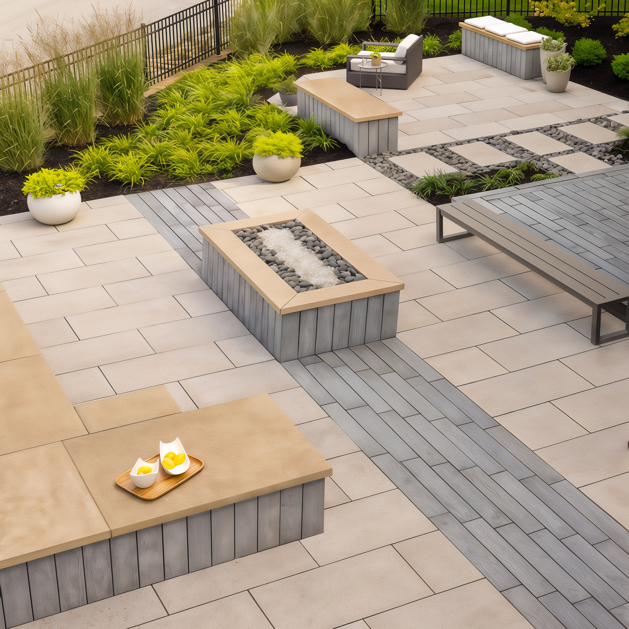 Outdoor patio with Techo-Bloc Borealis Riviera paver slabs, 5 x 30
