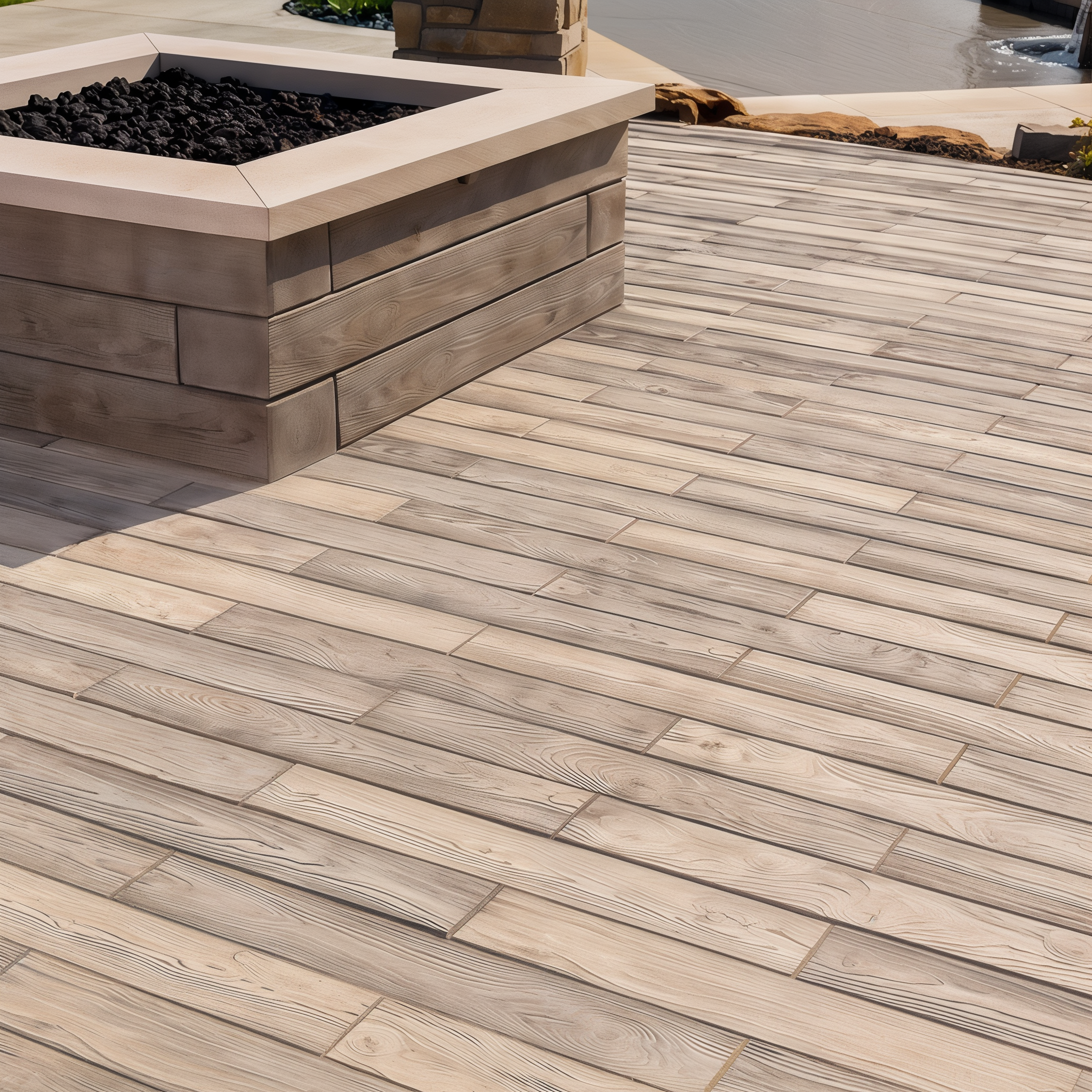 Outdoor patio showcasing Borealis Hazelnut Brandy paver slabs, 10 x 30