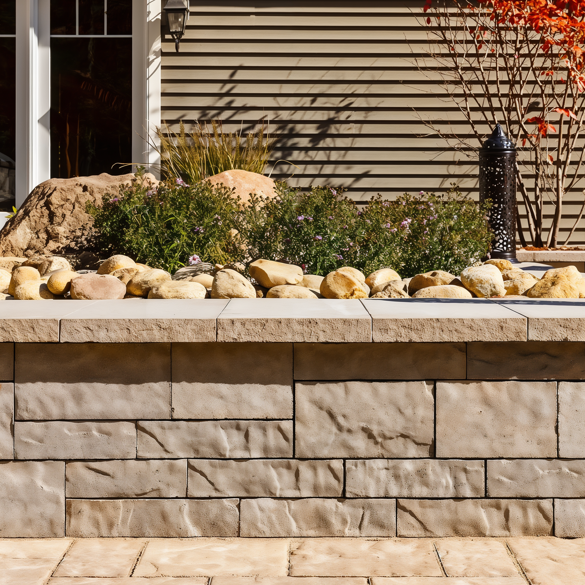 Techo-Bloc Brandon Wall Champlain Grey raised garden planter bed.