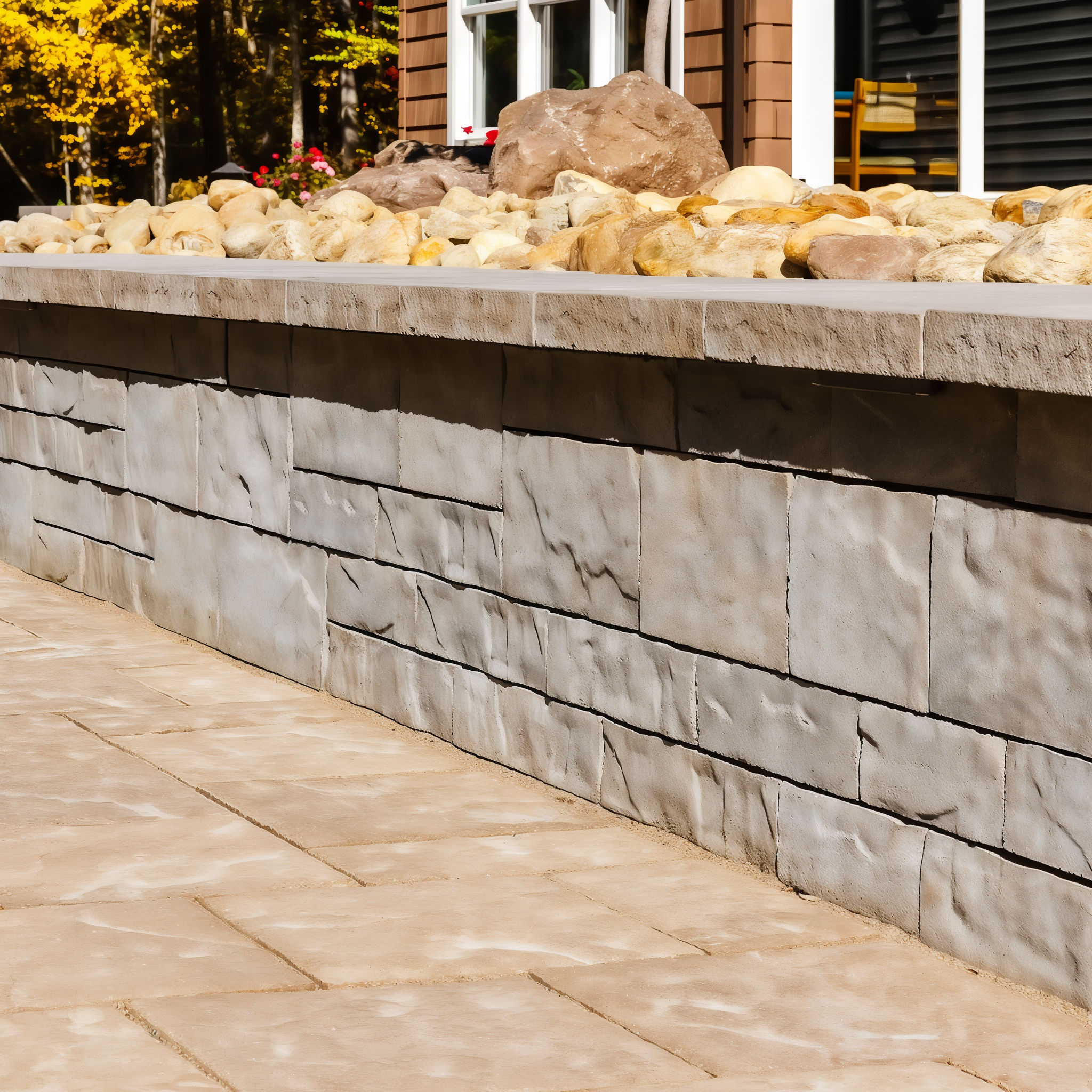 Techo-Bloc Brandon Wall Champlain Grey outdoor kitchen island.