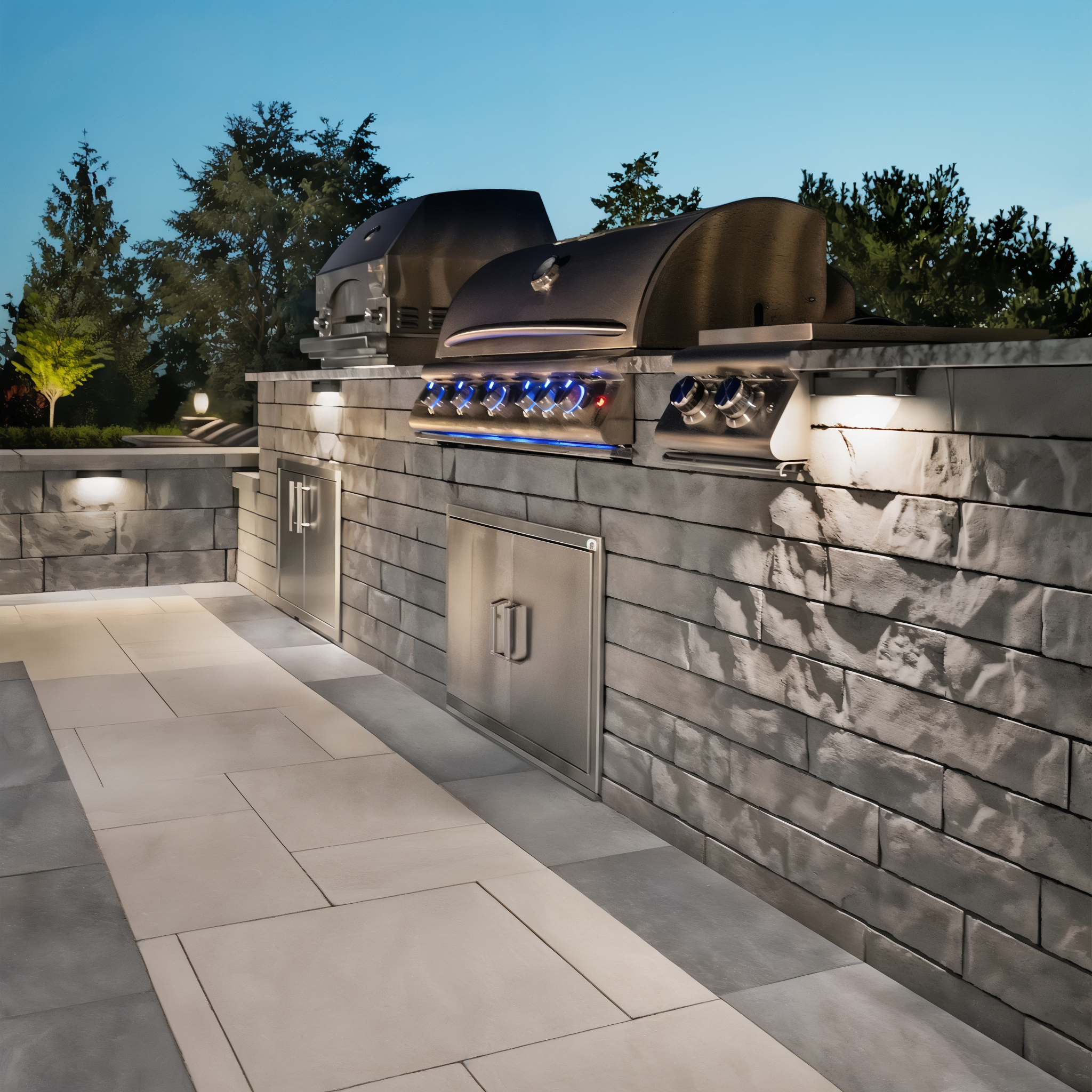 Techo-Bloc Brandon Wall Champlain Grey outdoor kitchen at dusk.