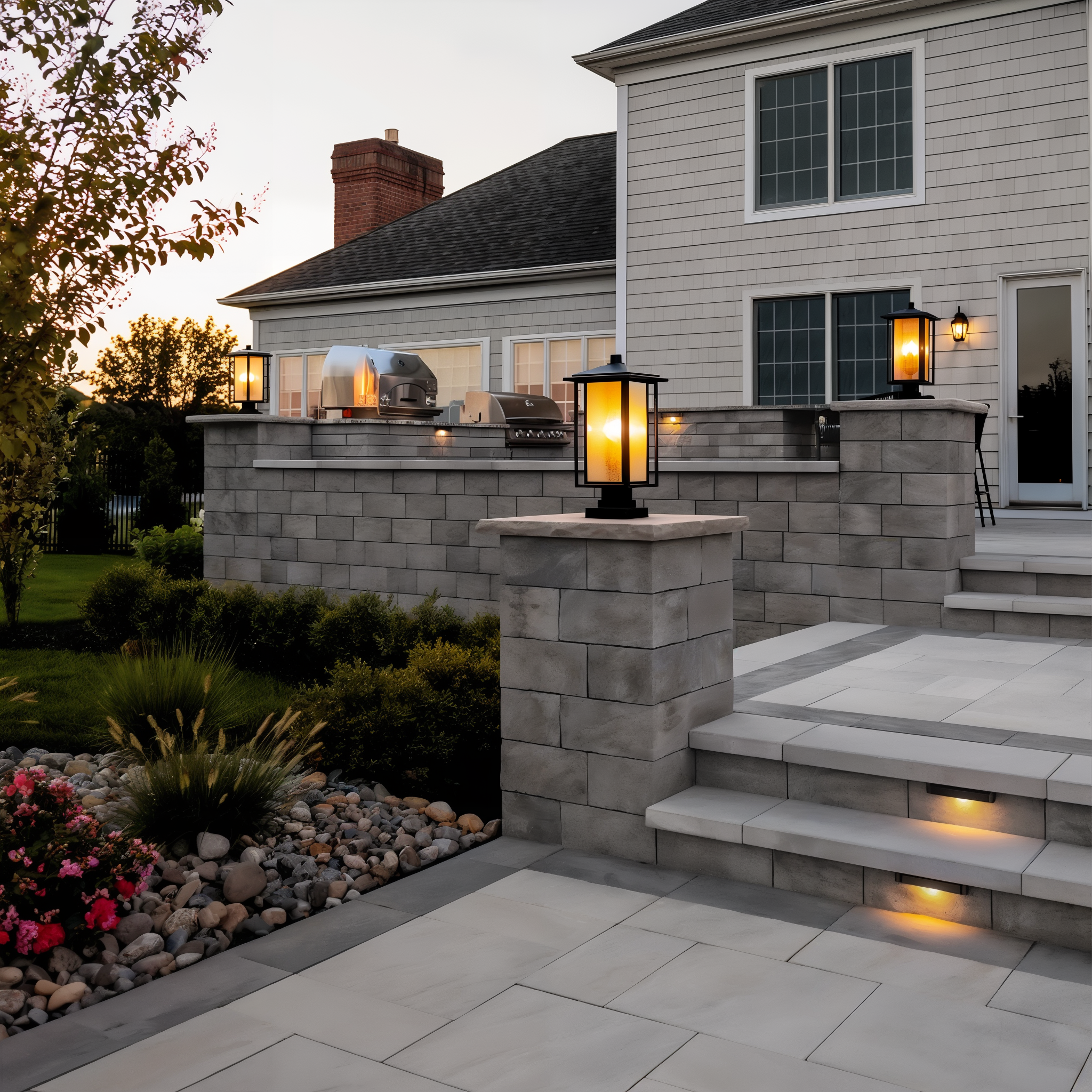 Brandon Wall Champlain Grey landscaped entrance steps.
