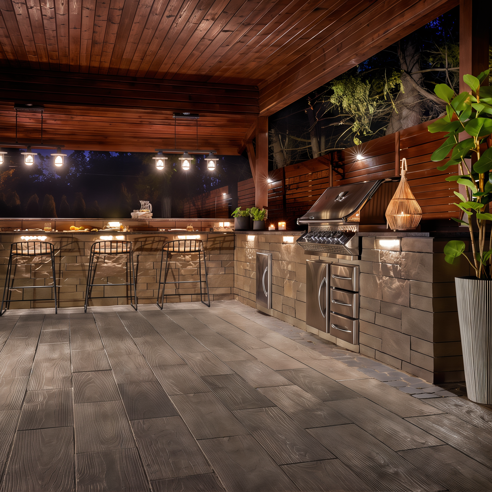 Techo-Bloc Brandon Wall Chestnut Brown outdoor kitchen. #Chestnut Brown / Slate#180 Mm Wall