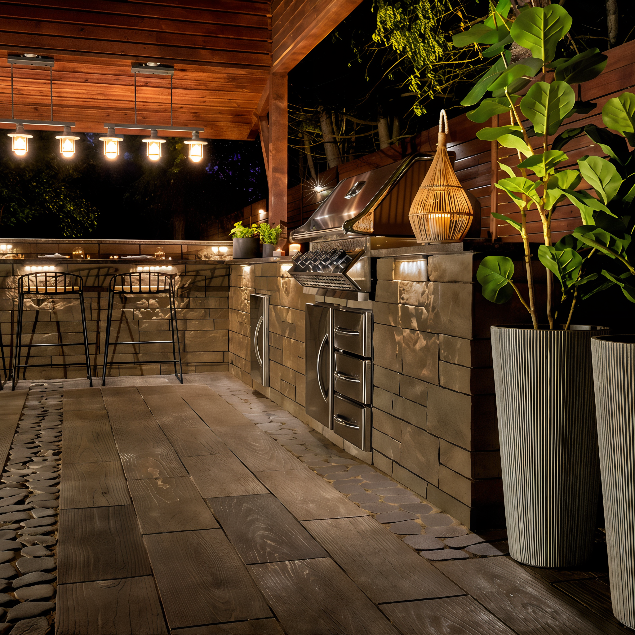 Brandon Wall Chestnut Brown pillar enhances outdoor cooking area.