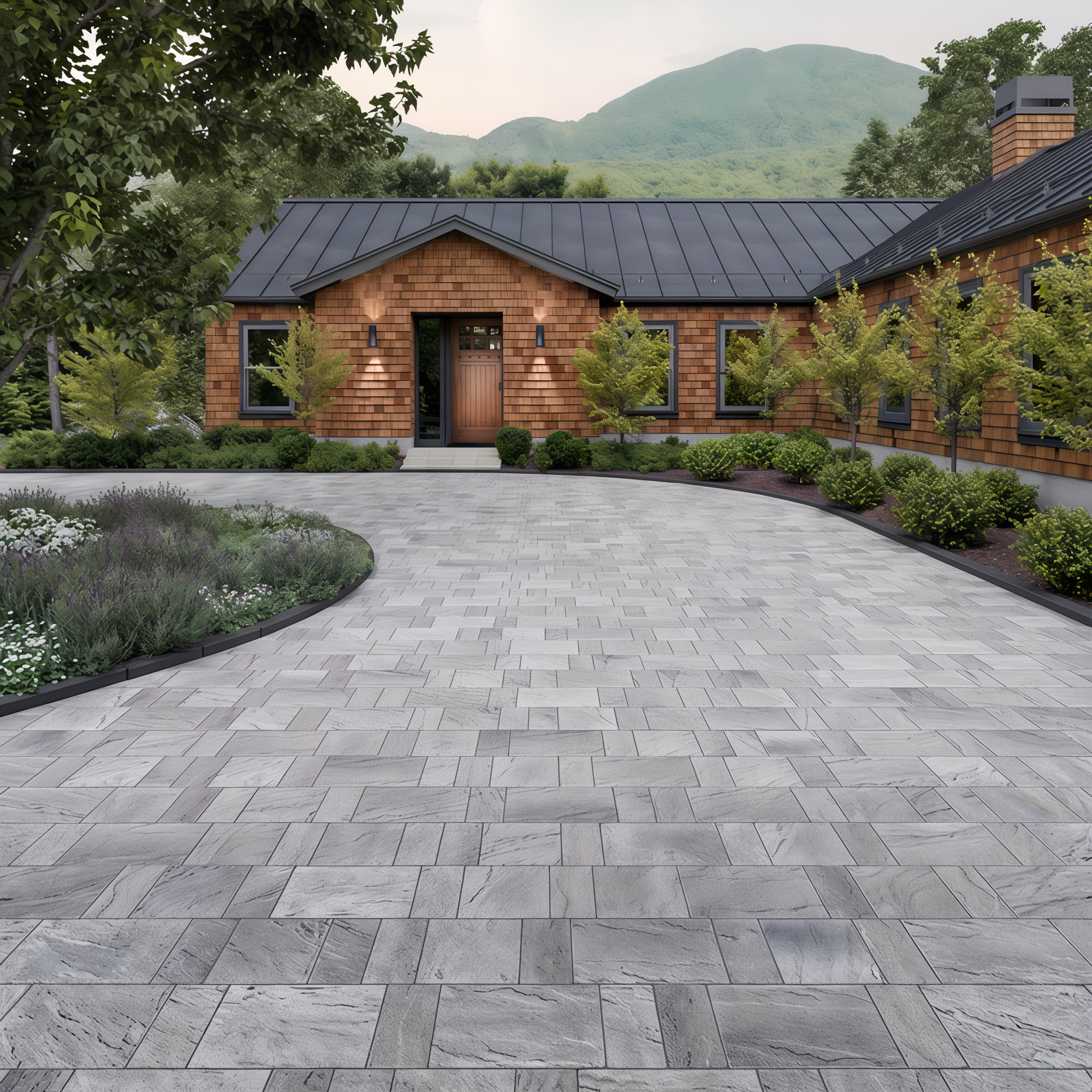 Eva Slate paver by Techo-bloc in shale grey on walkway Chestnut Brown Slate modular size