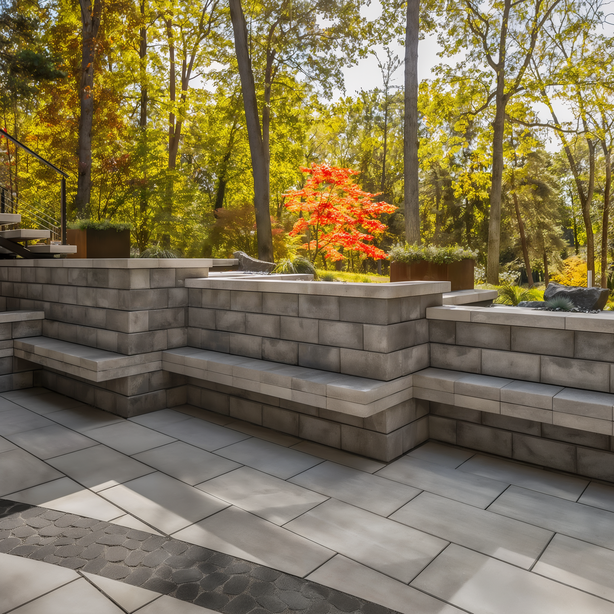 G-Force Wall in Shale Grey forming built-in patio seating.
