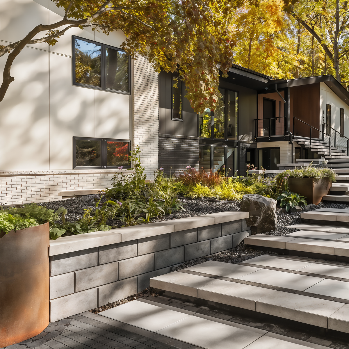 G-Force Wall in Shale Grey with integrated steps and modern landscaping.