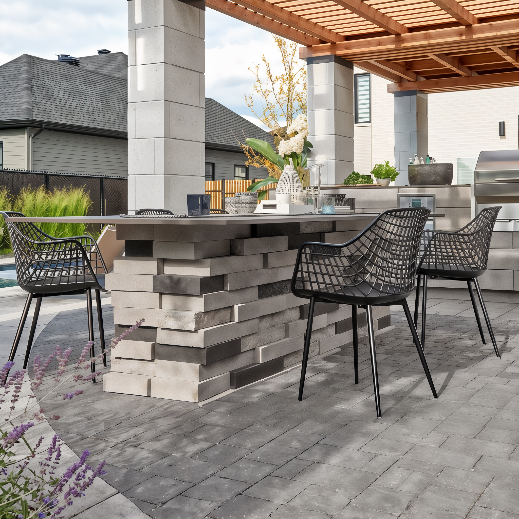 Graphix Wall by Techo-Bloc in Onyx Black on a modern patio.