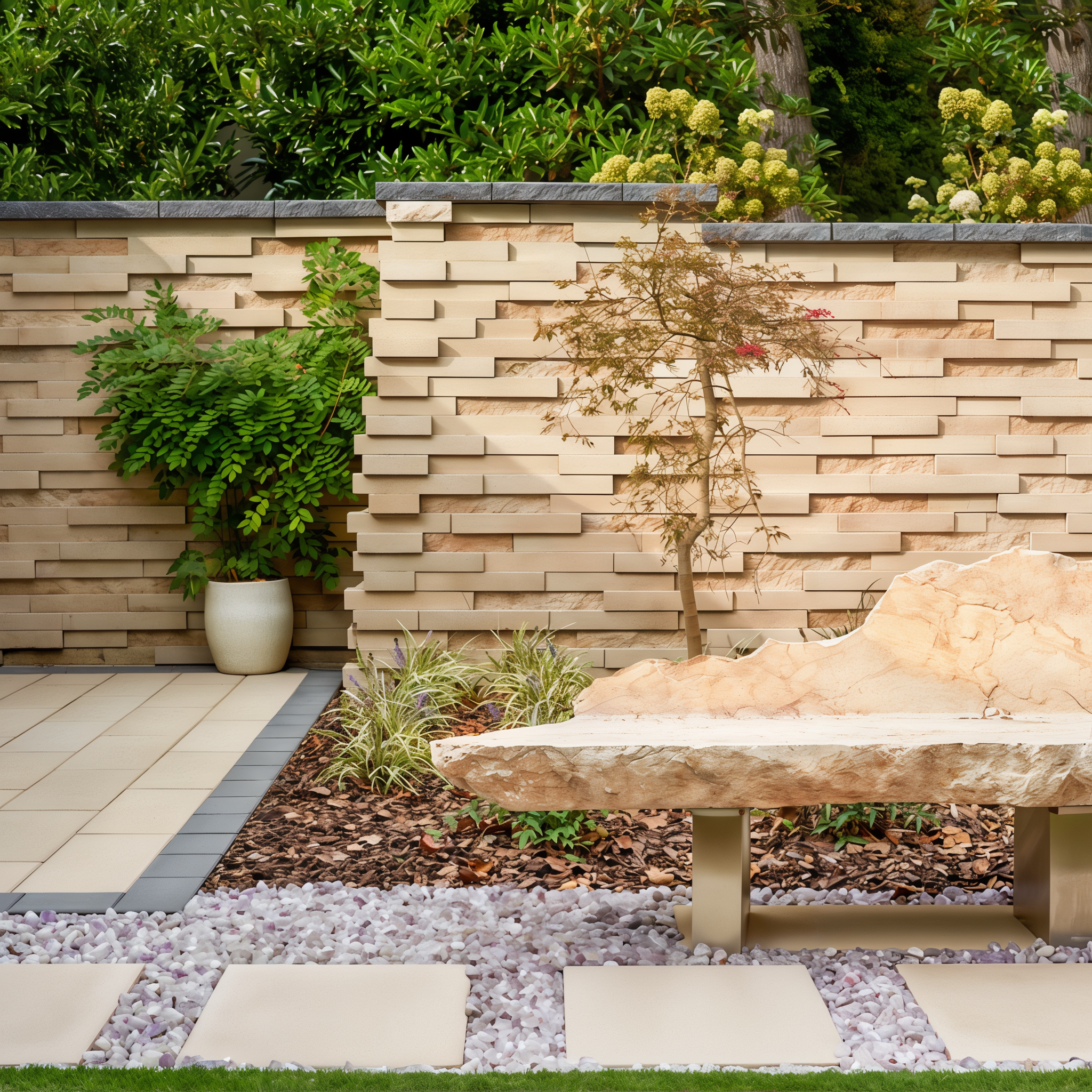 Techo-Bloc Graphix Wall in Beige Cream creating an elegant outdoor space.