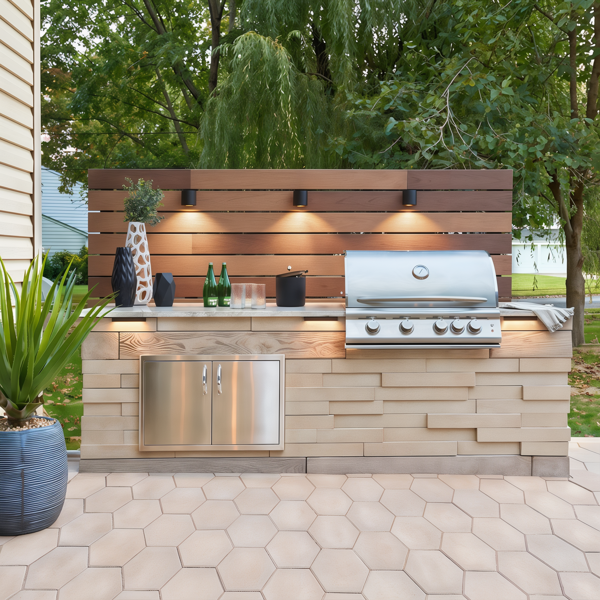 Graphix Wall by Techo-Bloc in Beige Cream showing patio design.