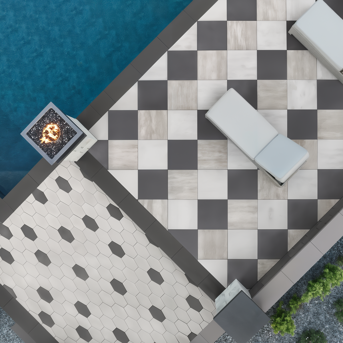 Overhead view of a Hexa 60 Slab patio in Onyx Black bordering a pool.