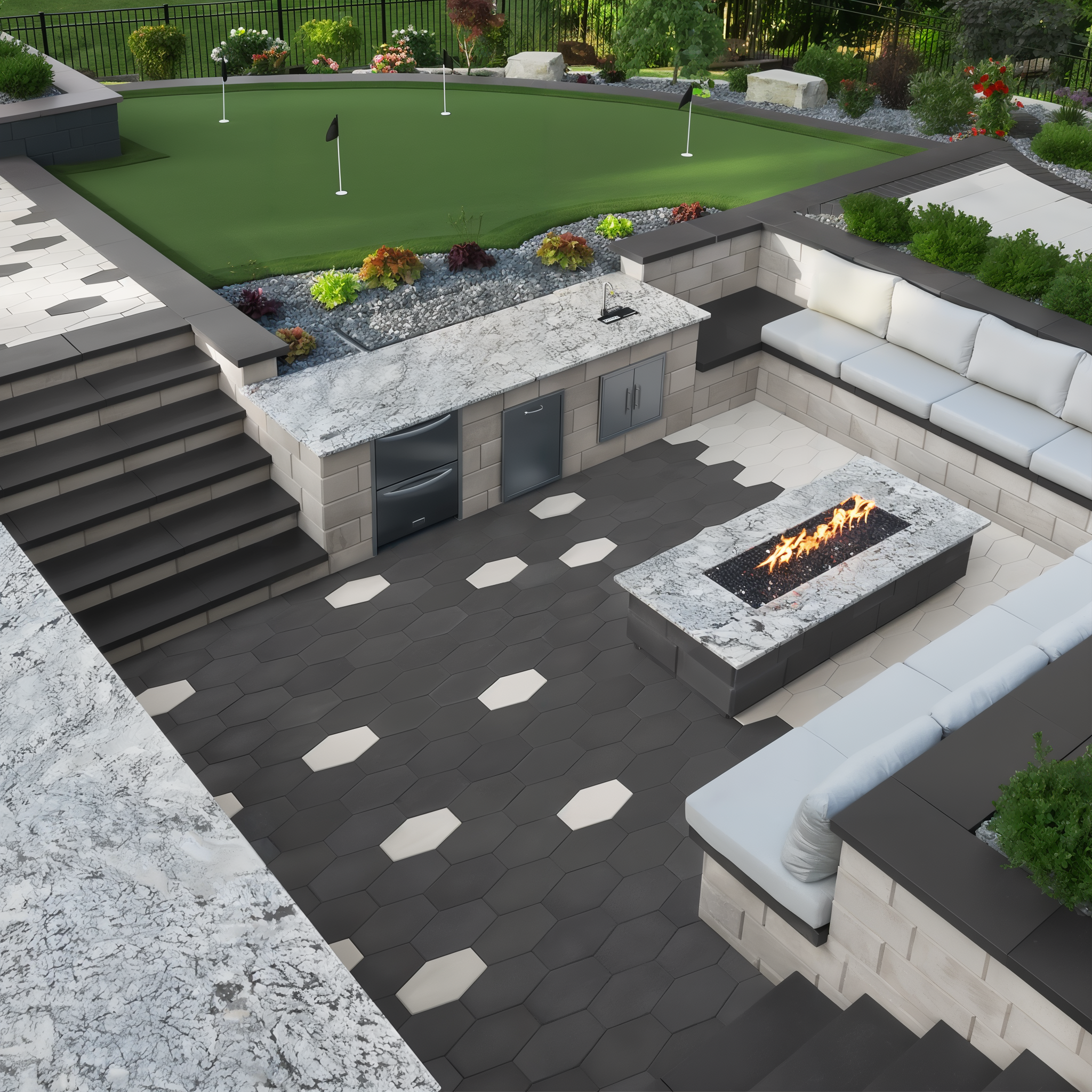 Hexa 60 Slab in Onyx Black patio with fire pit and seating walls.