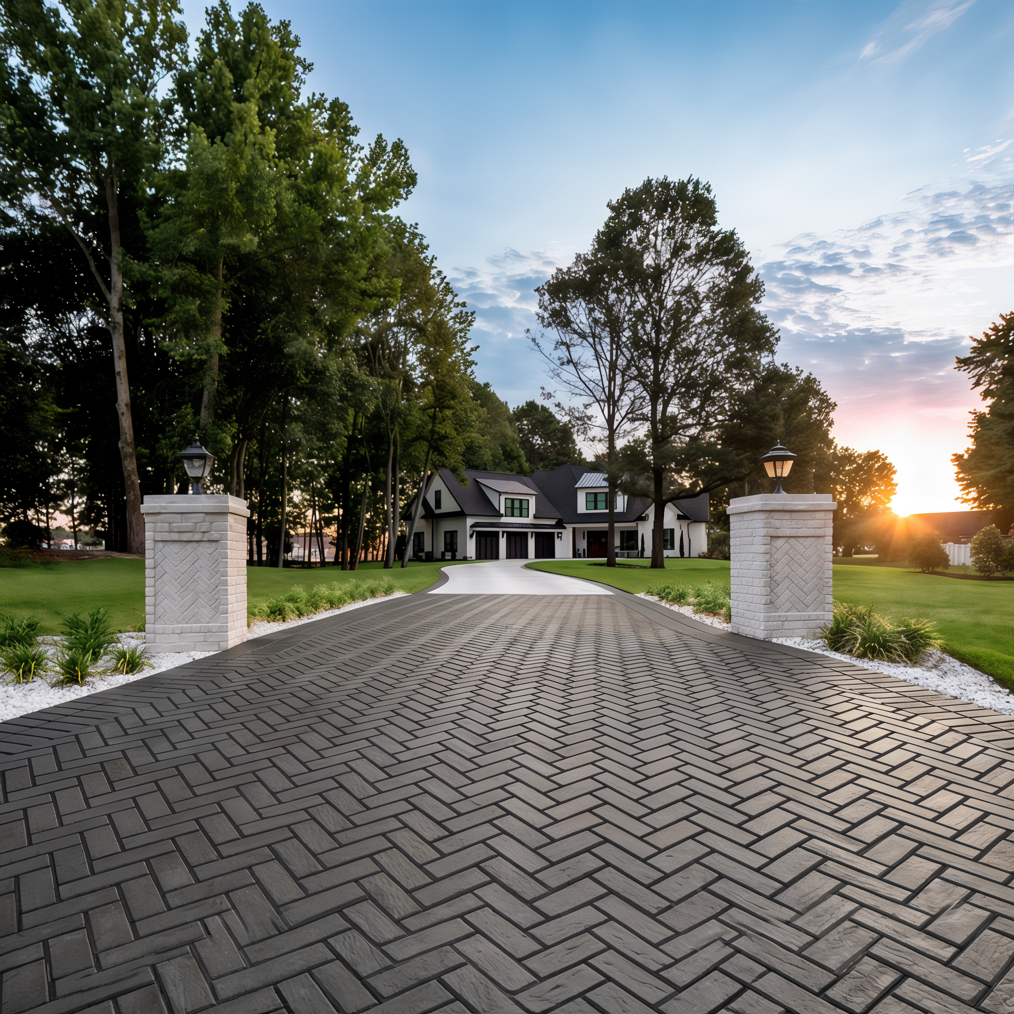 Driveway with herringbone pattern using Mika HD² paver by Techo-Bloc in Onyx Black between stone pillars – Ivory Klean-Bloc Slate Single Size